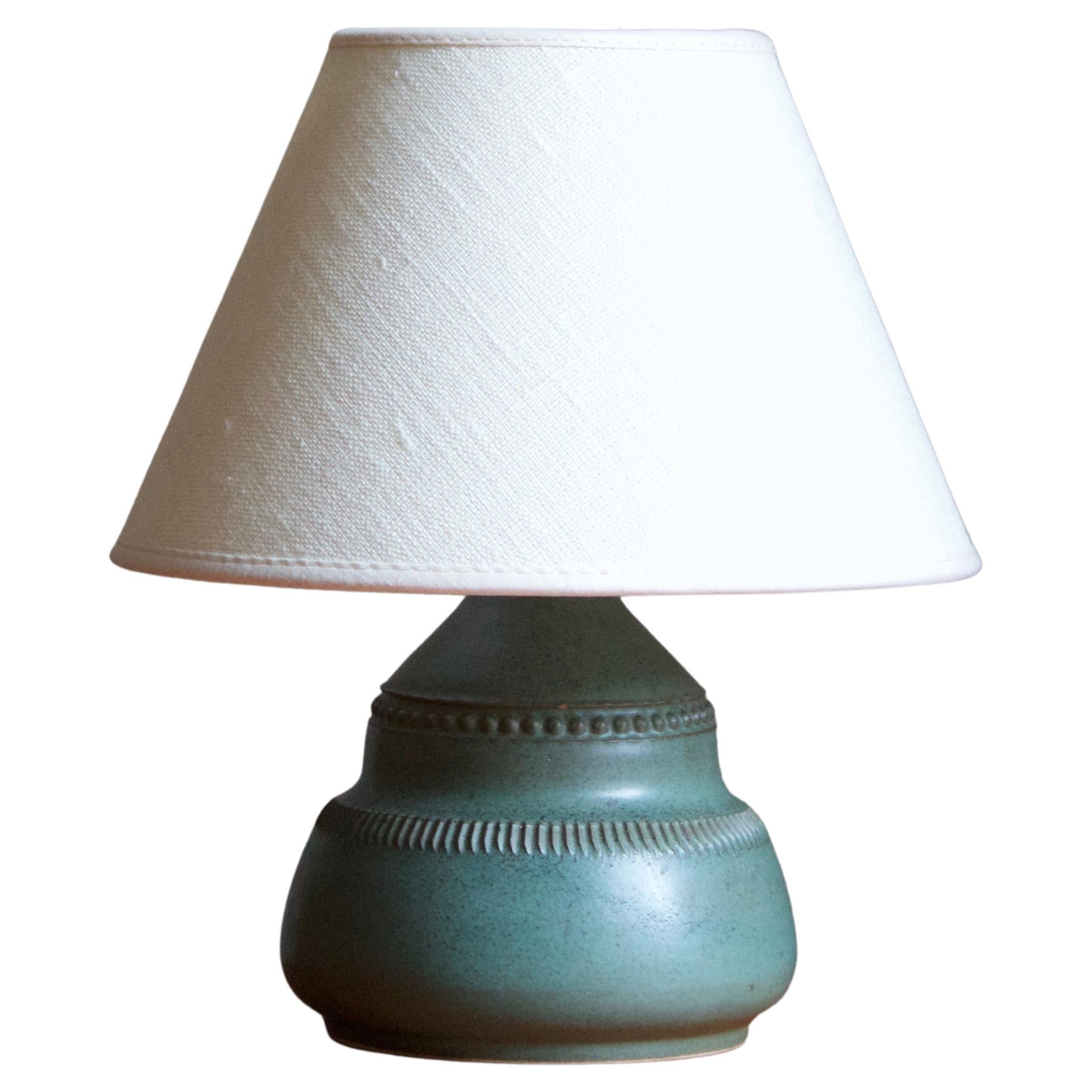 Klase Höganäs, Table Lamp, Green Glazed Stoneware, Sweden, 1950s