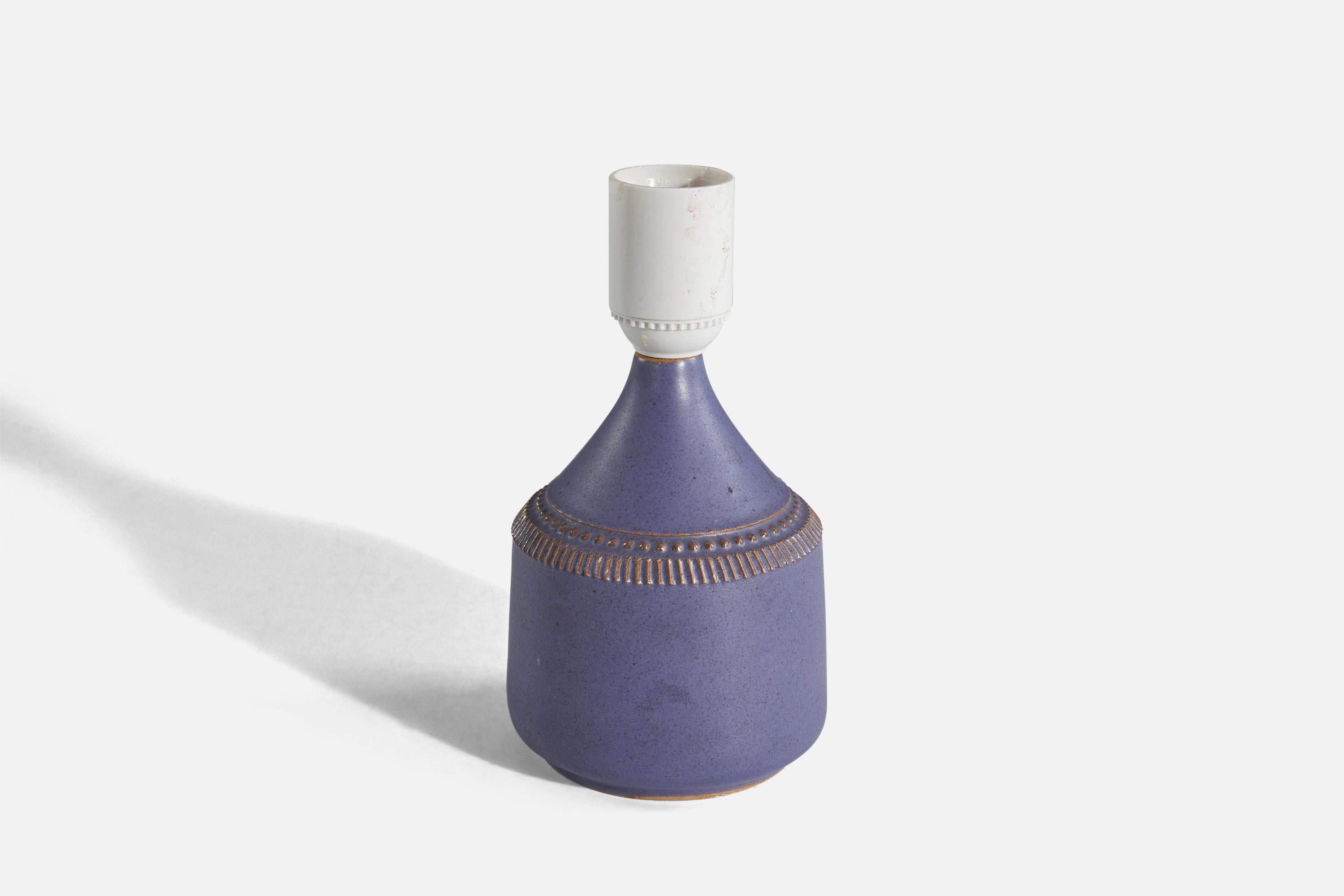 Swedish Klase Höganäs, Table Lamp, Purple-Glazed Stoneware, Rattan, Sweden, 1960s For Sale