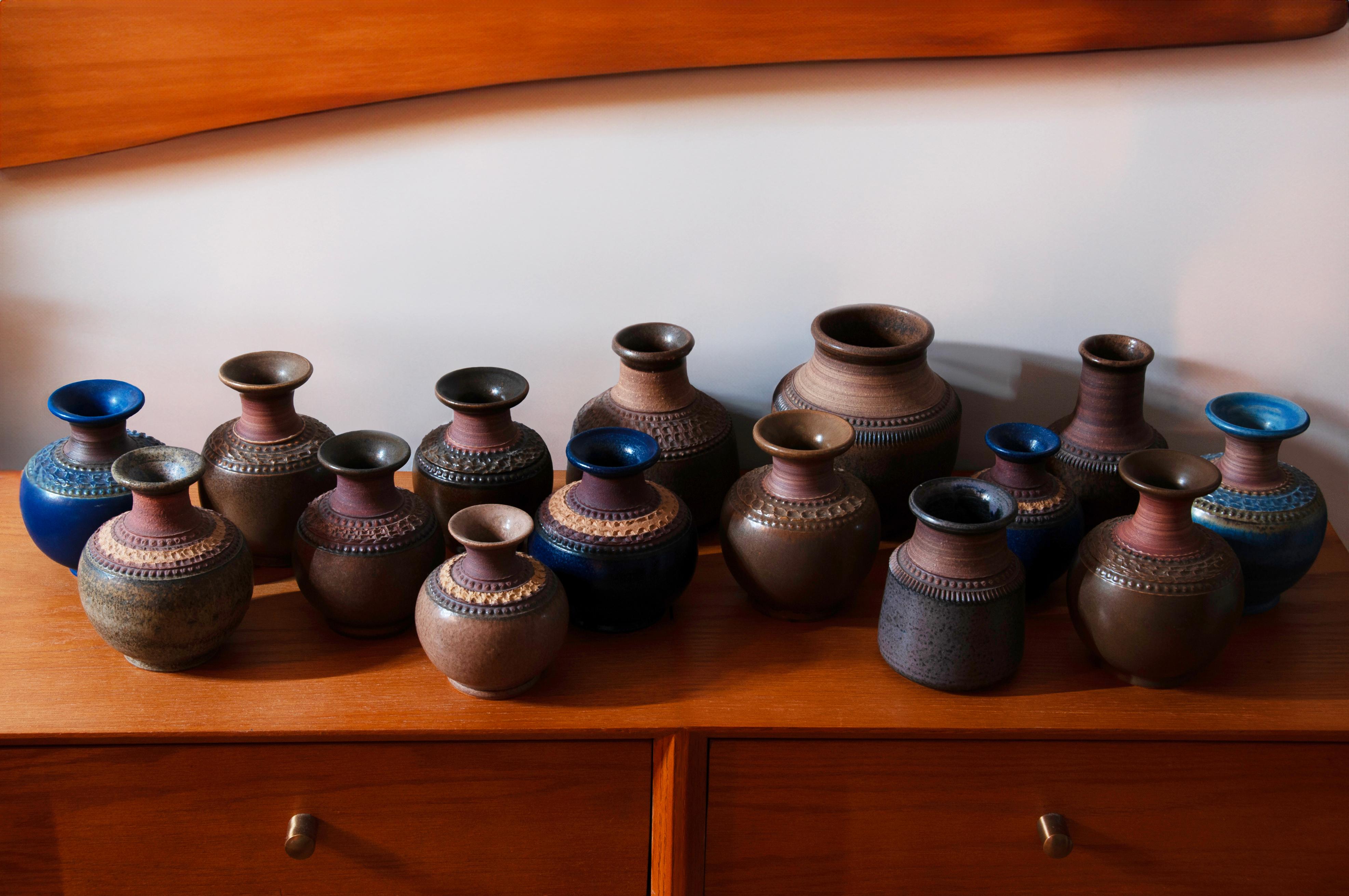 Mid-Century Modern Klase Keramik Höganäs Ceramic Vase Collection of 15, 1960s Earth Tones and Blue