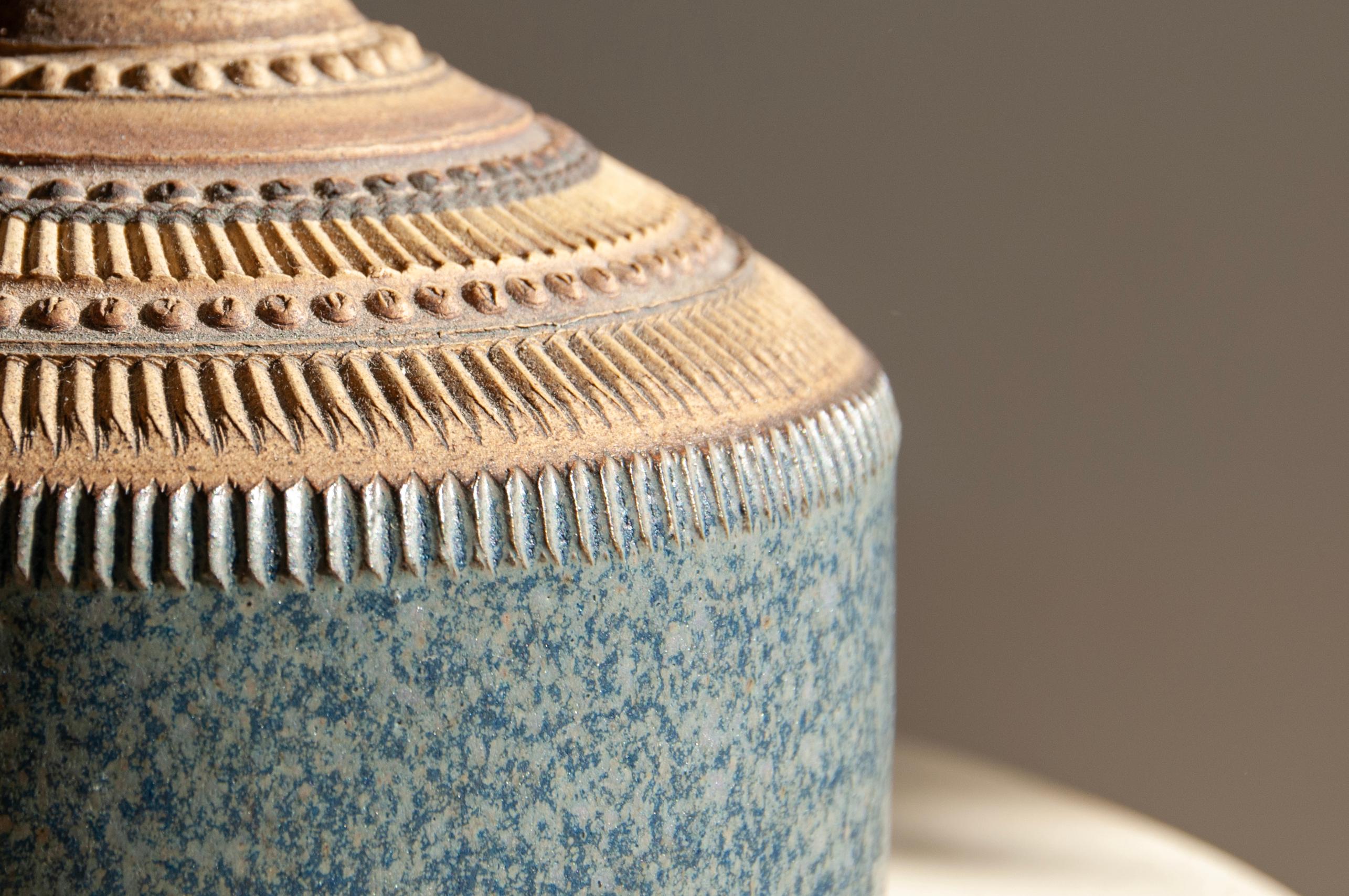 Hand-Crafted Klase Keramik Höganäs Stoneware Lamp in Earth Tones and Blue, 1960s  For Sale