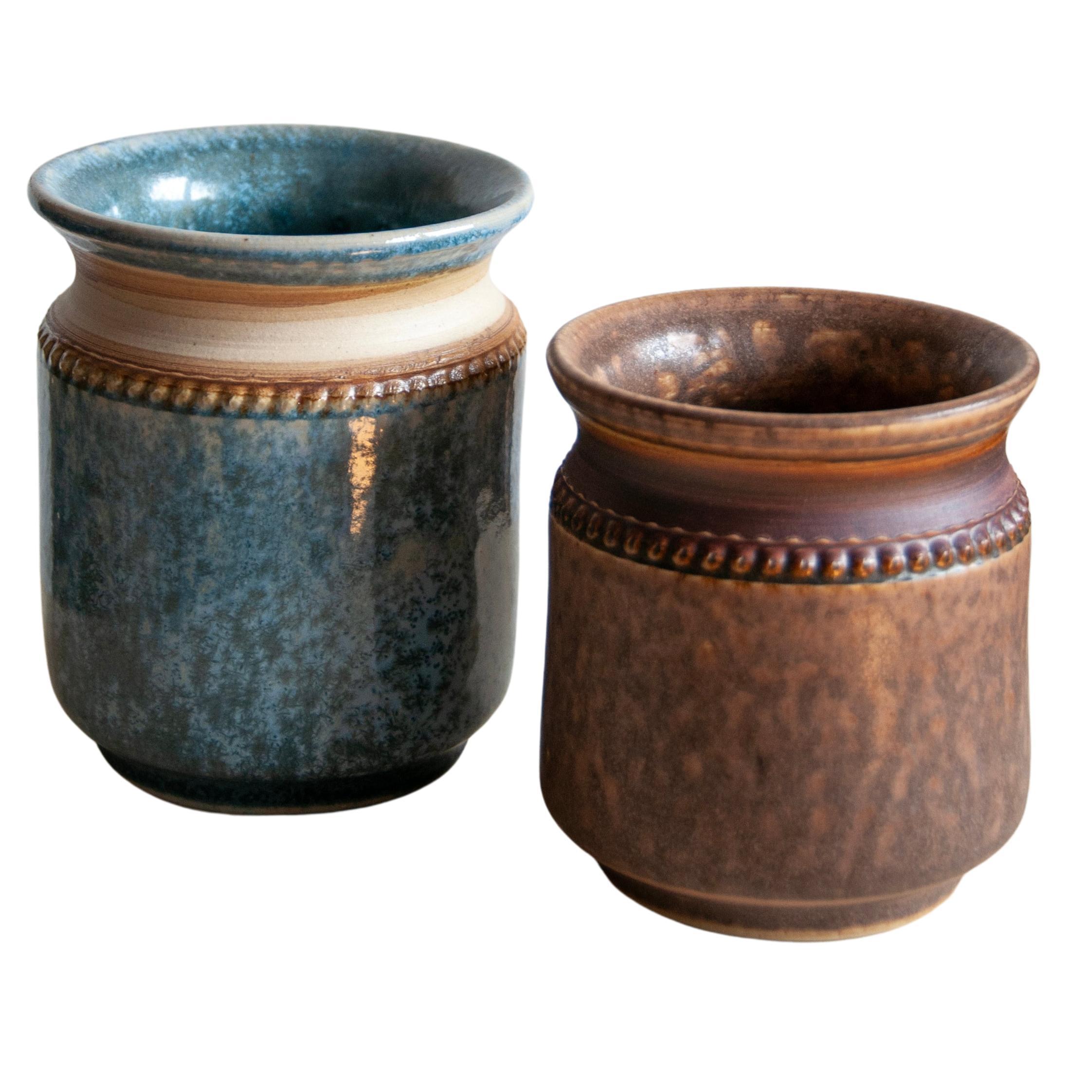 Klase Keramik Höganäs Vase Collection (1960s) in Brown and Blue Set of 2 For Sale