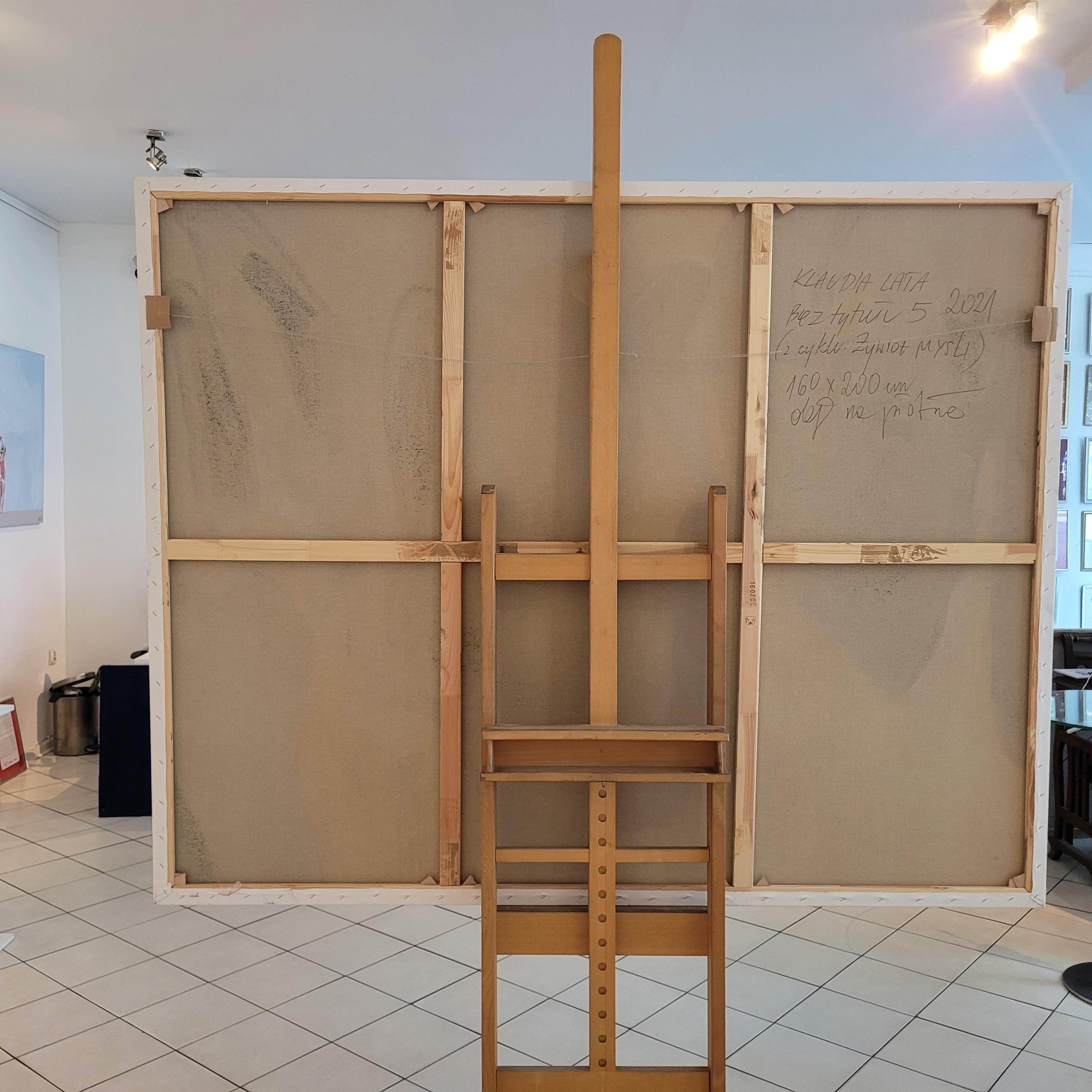 Quadro astratto contemporaneo di grandi dimensioni su tela dell'artista polacca Klaudia Lata. La pittura è dinamica, ha forme astratte arrotondate con bordi morbidi e sfocati. L'opera è senza titolo e fa parte del ciclo 