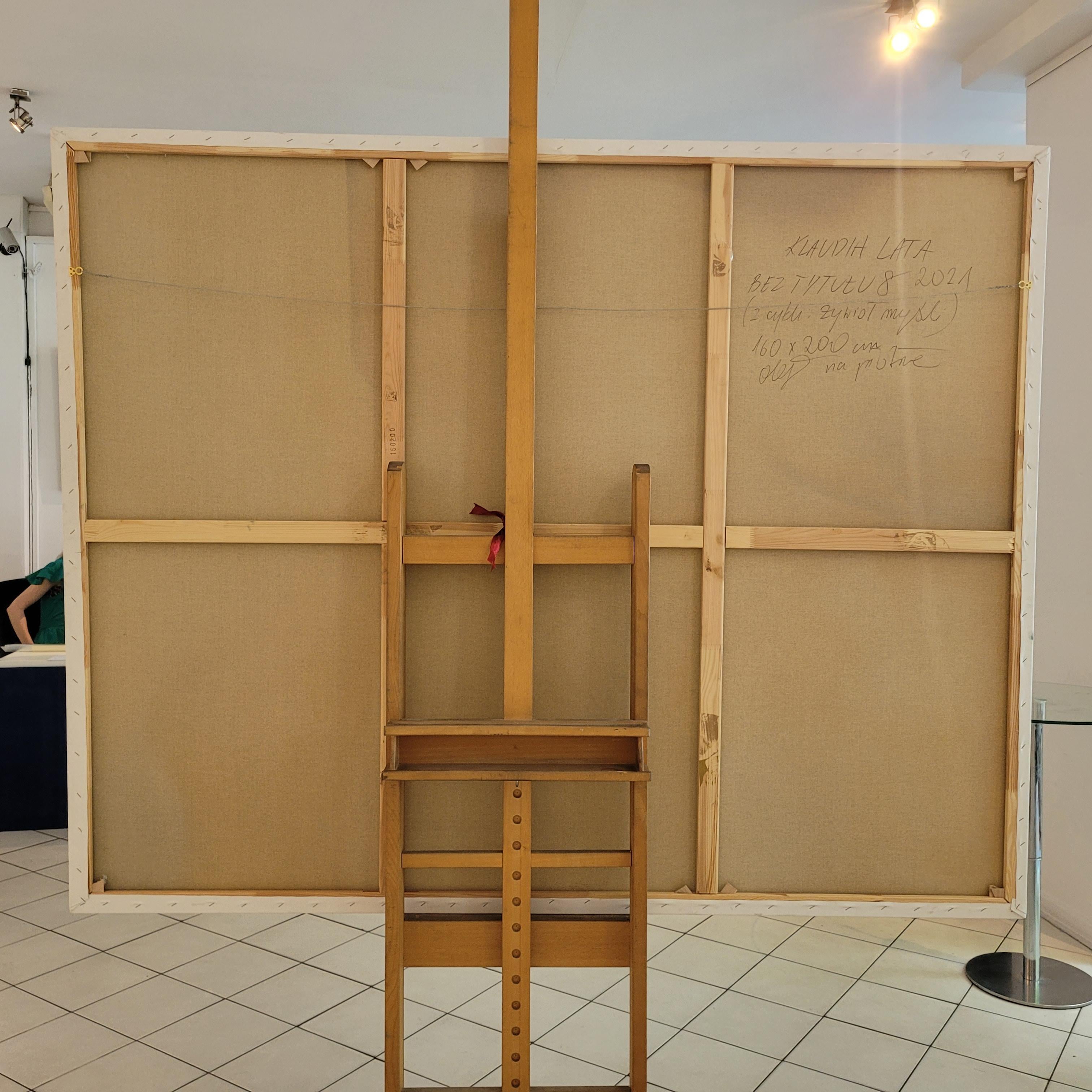 Quadro astratto a olio su grande scala dell'artista polacca Klaudia Lata. Il dipinto è quasi monocromatico, con sfumature diverse di colore beige giallastro e linee marrone scuro. 
L'artista affronta temi femministi facendo riferimento alla