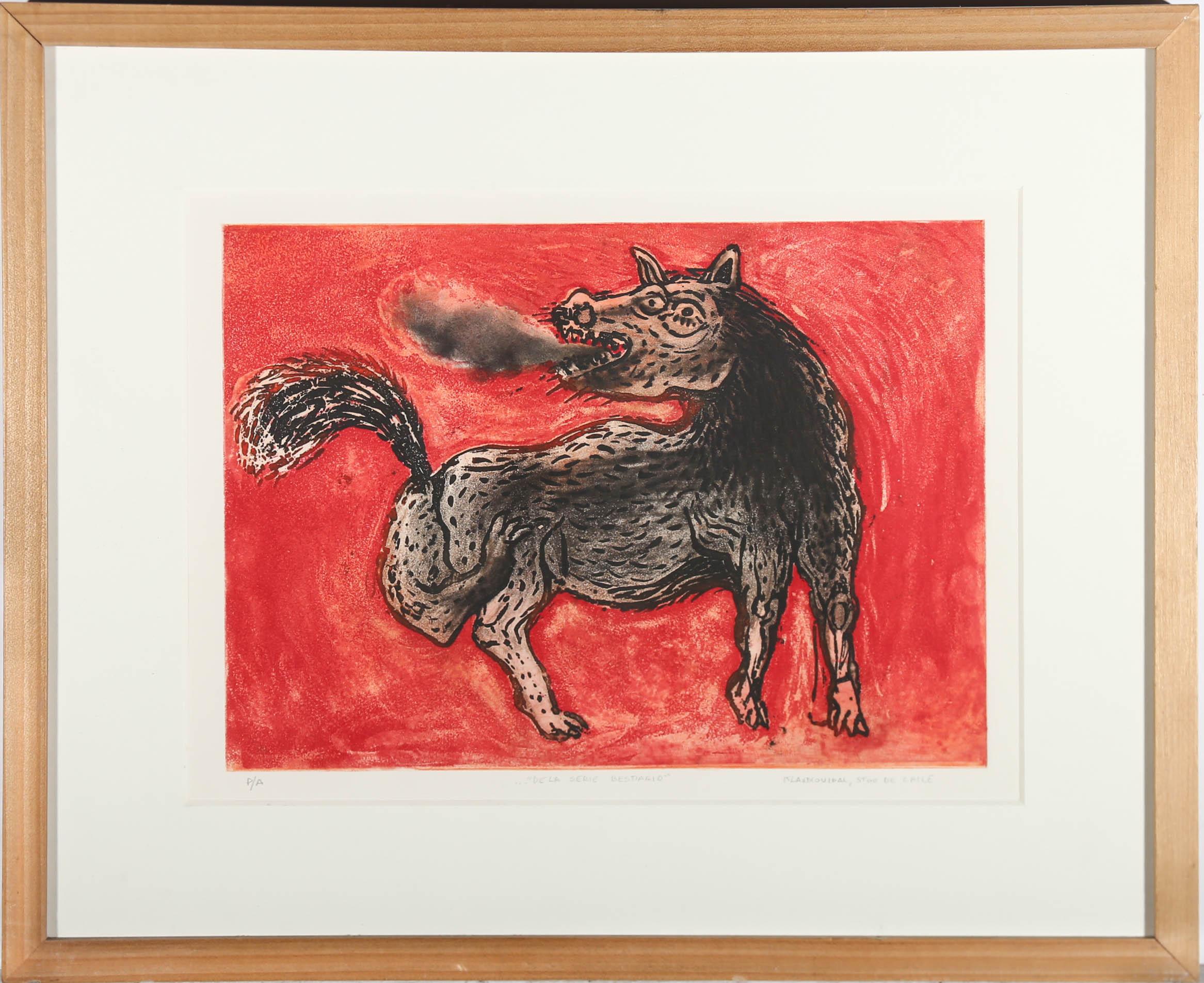 A fun, vibrant aquatint etching depicting a smoke breathing beast-like canine on a red background. Signed and titled below the plate line. Artist proof. Presented in a light wooden frame. On paper. 
