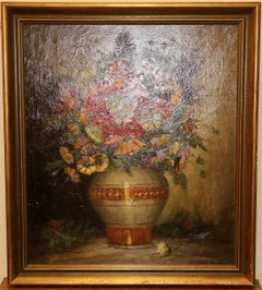 Peinture à l'huile ancienne de Klaus Clausmeyer, Nature morte avec vase à fleurs.