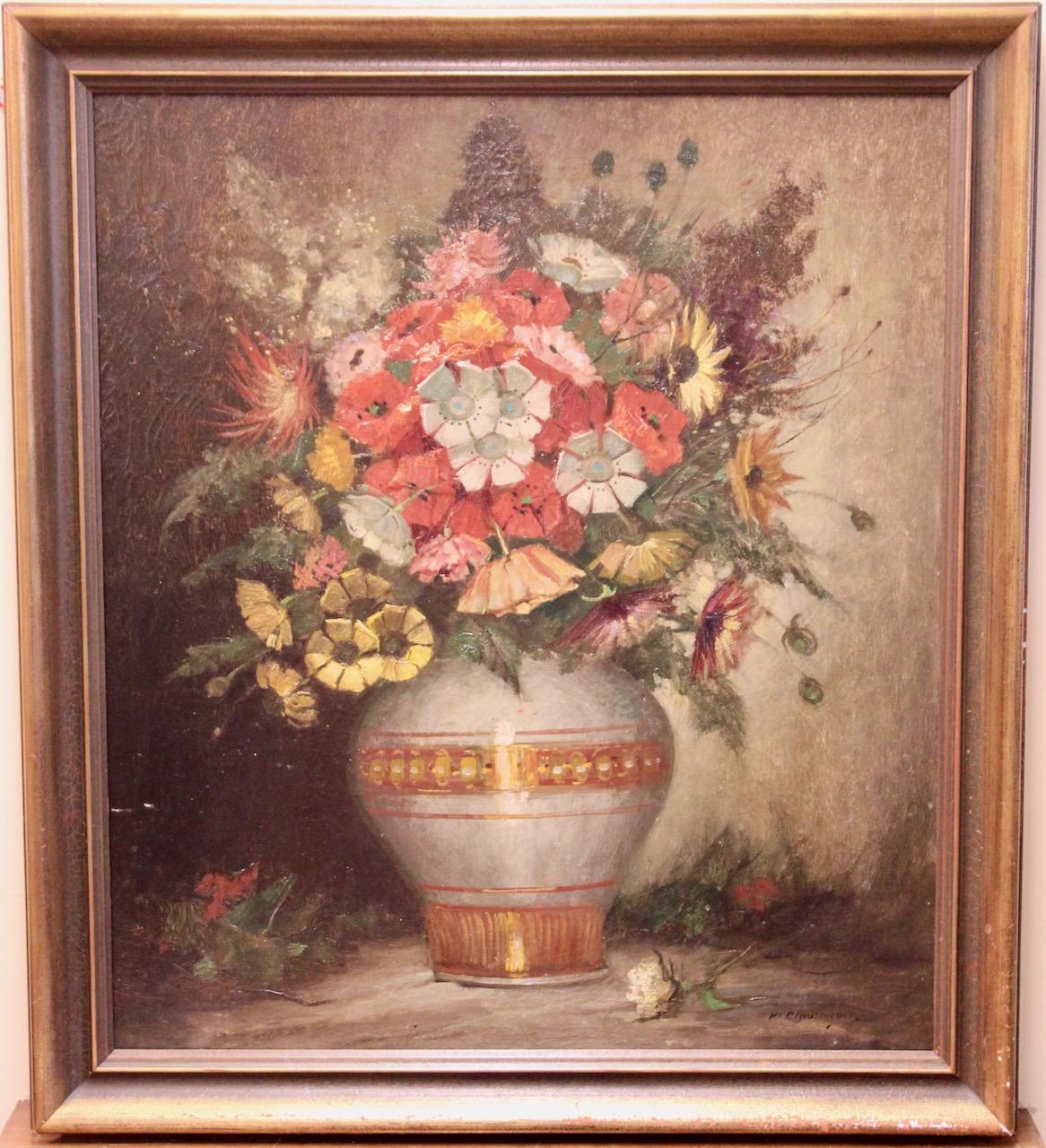 Peinture à l'huile ancienne de Klaus Clausmeyer, Nature morte avec vase à fleurs. en vente 2