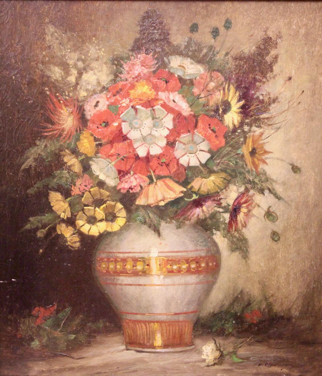 Antique oil Painting by Klaus Clausmeyer, Still Life with Flower Vase. For Sale 1