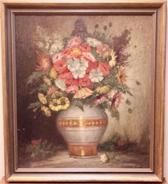 Peinture à l'huile ancienne de Klaus Clausmeyer, Nature morte avec vase à fleurs.