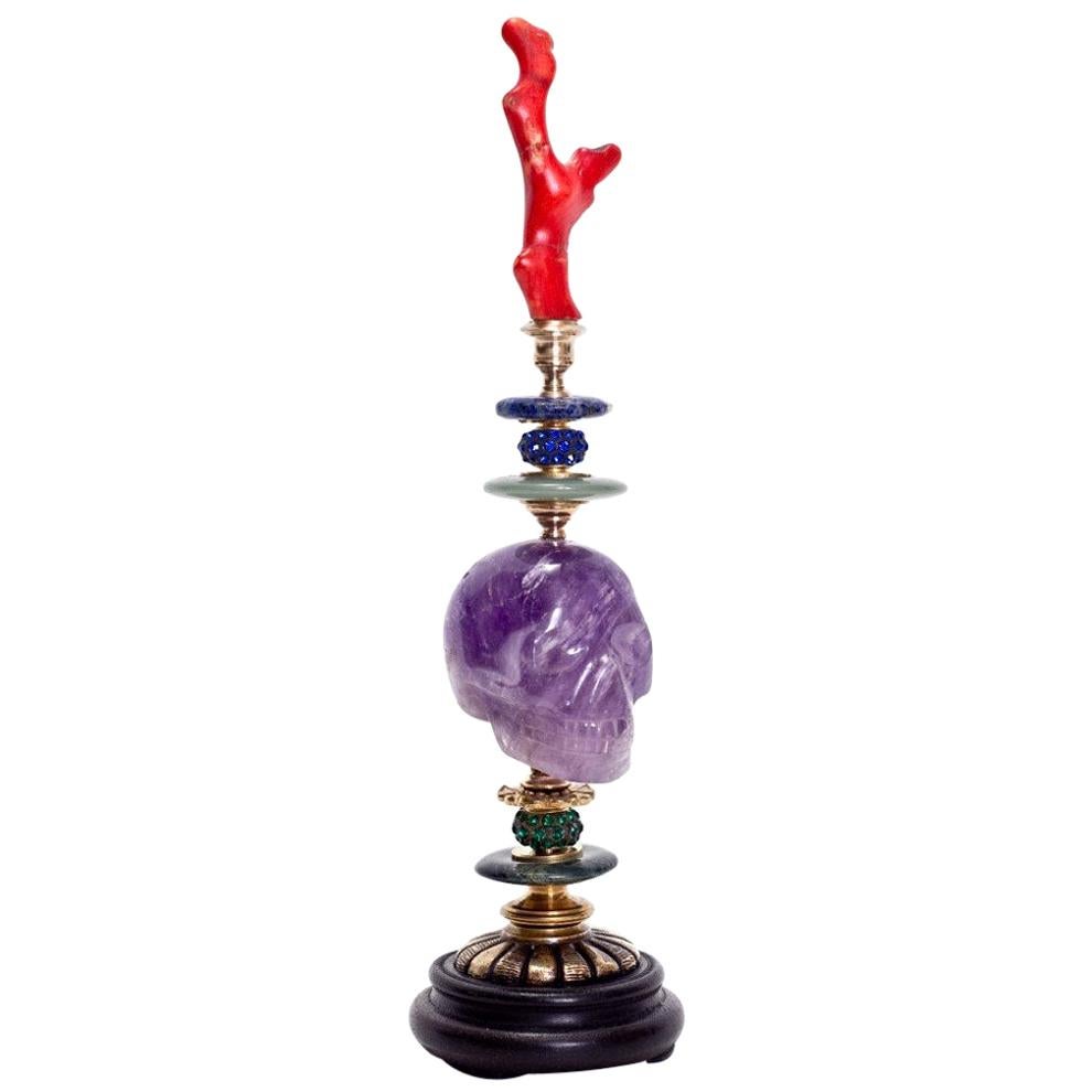 Klaus Dupont Contemporary Purple Amethyst and Red Coral Skull Objet For Sale