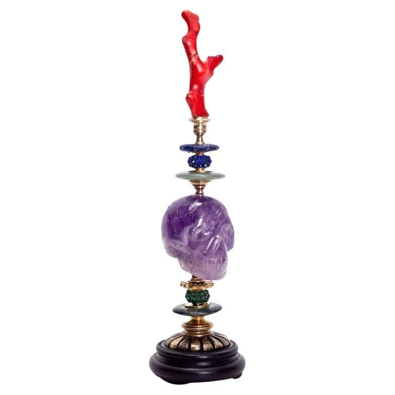 Klaus Dupont Contemporary Purple Amethyst and Red Coral Skull Objet For Sale