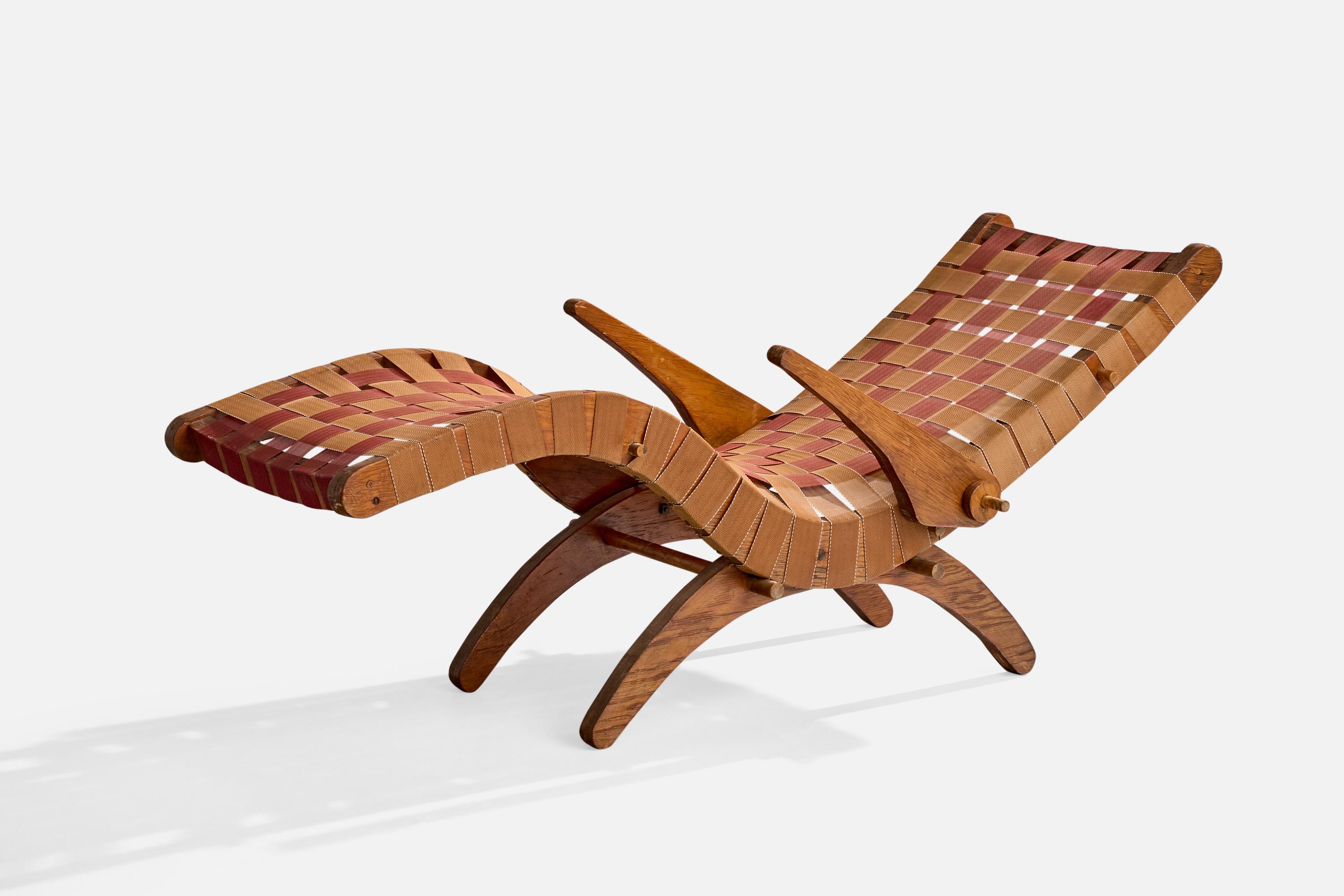 Una chaise longue in legno e tessuto rosso beige attribuita a Klaus Grabe, USA, anni '50 circa.

Dimensioni complessive (pollici): 27,5 