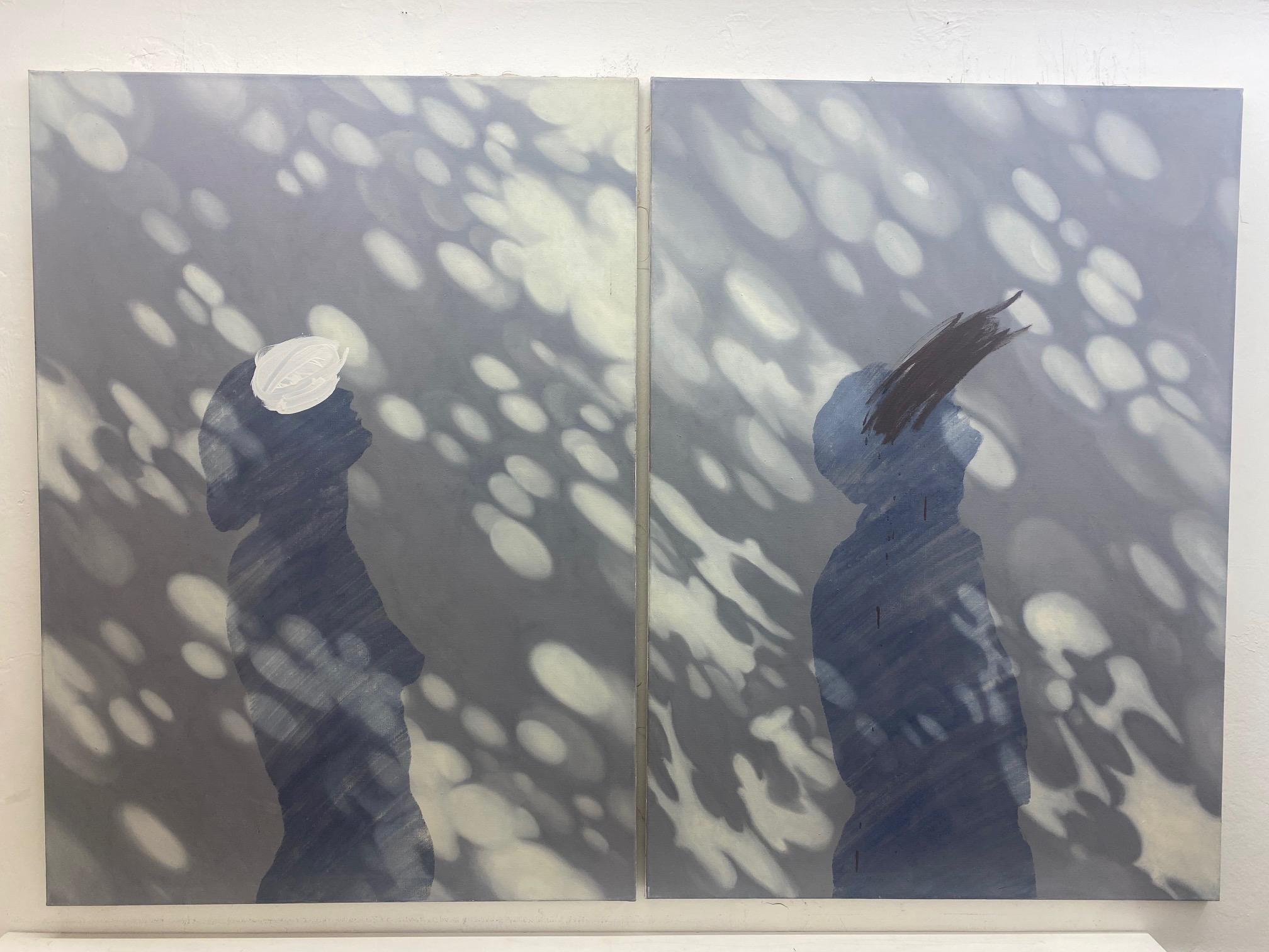 Klaus Heuermann Nude Painting – Look Up – zeitgenössisches Diptychon, das einen männlichen und einen weiblichen Blick auf den Himmel zeigt