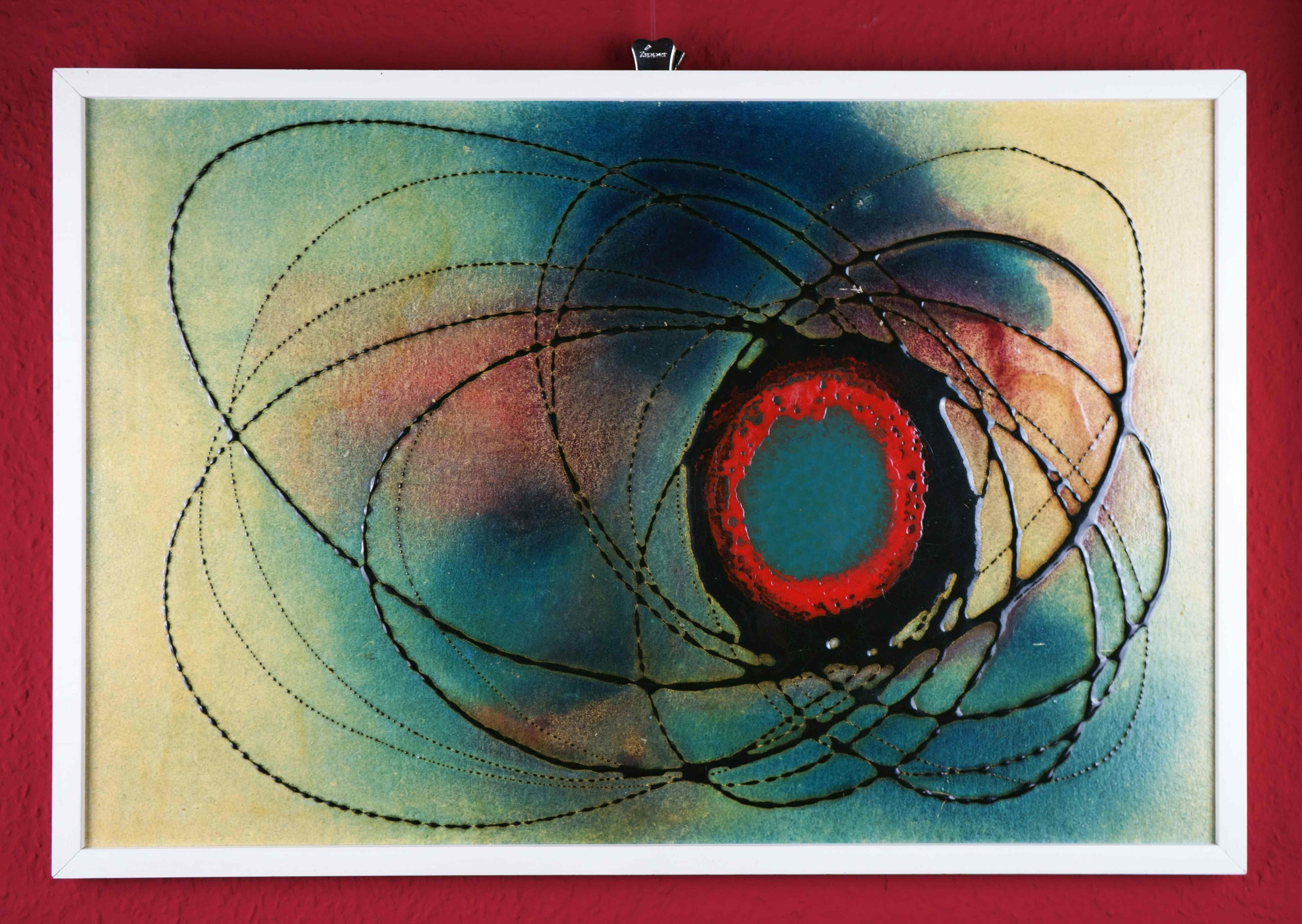 Klaus Oldenburg (*1942 Berlin), Eccentric discharges of a blue-red core, around 1975. paint and cast resin on chipboard, 39 x 59 cm (inside dimension), 42 x 62 (frame), signed on the reverse 