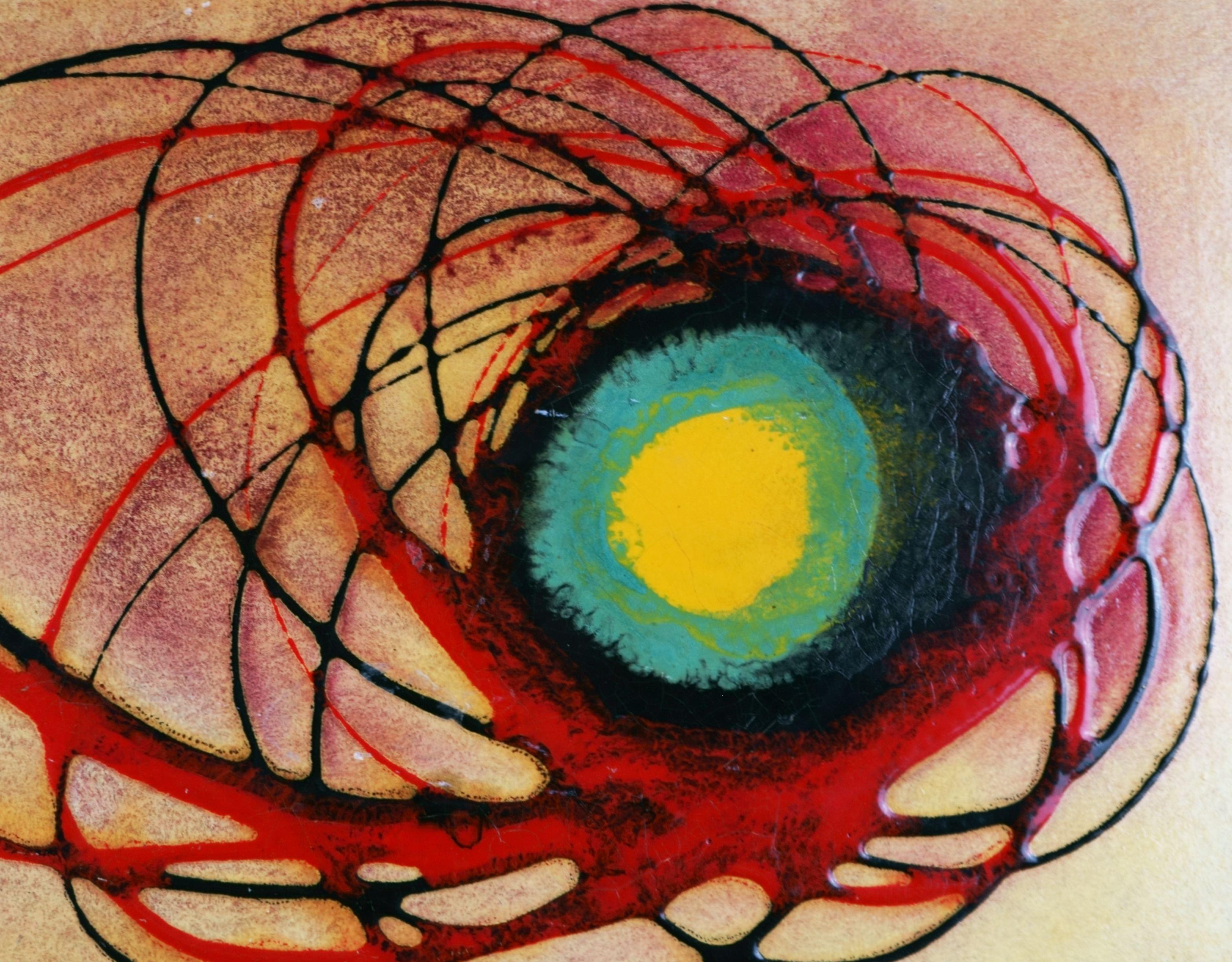 Eccentric discharges of a turquoise-yellow core / - Energetic traces - - Painting by Klaus Oldenburg