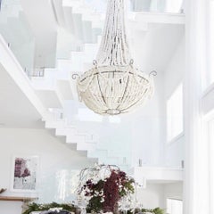Klaylife Elongated, XL, White Handmade Clay Beaded Chandelier, 21st Century