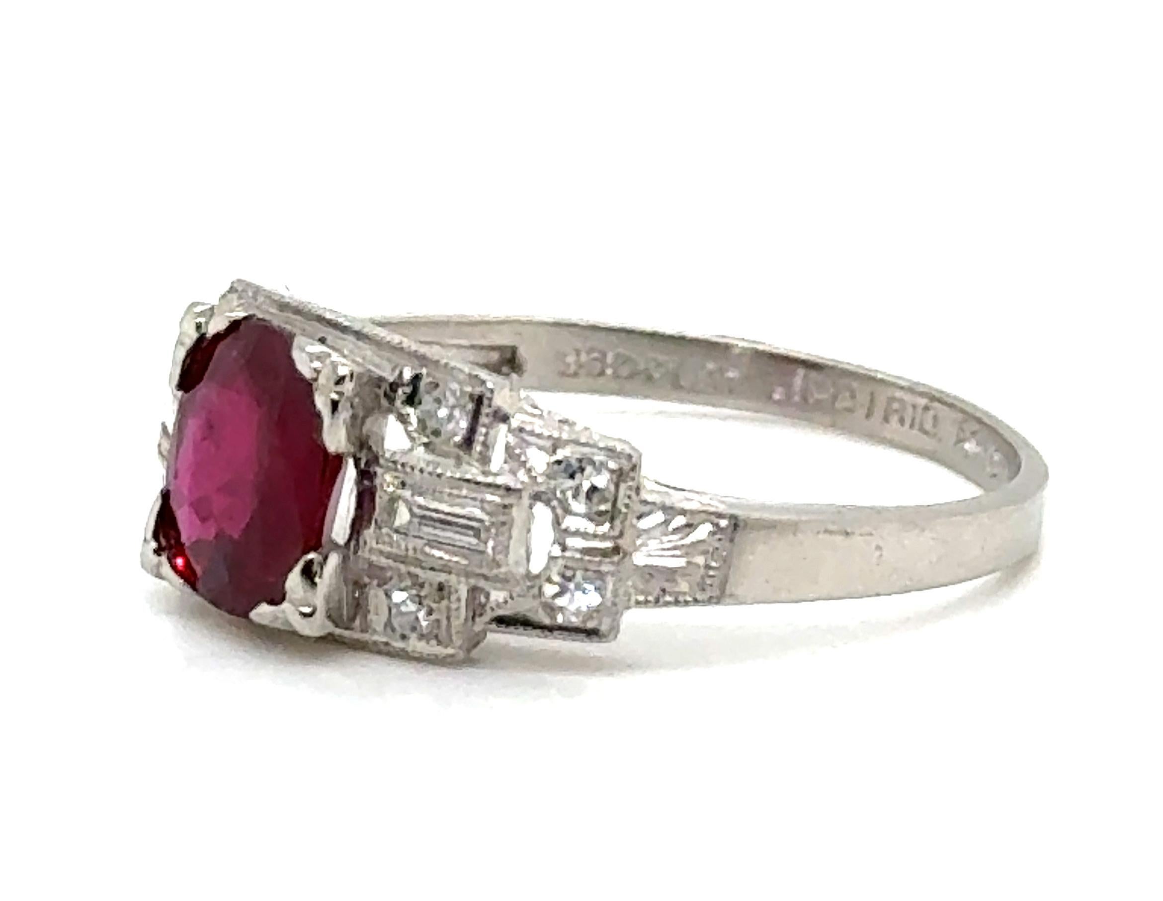 Art Deco Klebanoff & Grossman 1940's Antique GIA Natural Blood Red Ruby Diamond Ring Plat