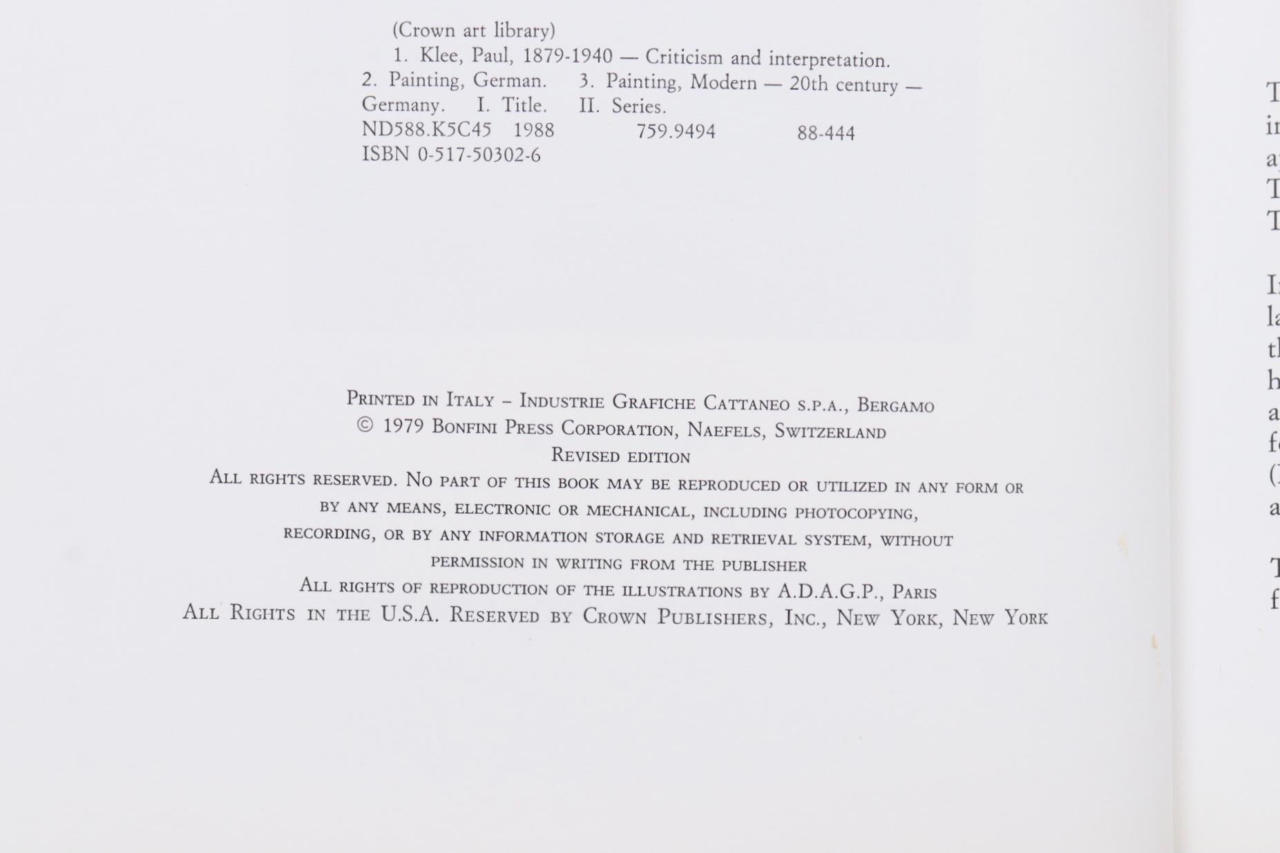 Klee by Denys Chevalier. Hardcover book with dustjacket. Published in 1979 by Crown Publishers Inc of New York. Printed in Italy. 51 Illustrations in color, 23 illustrations in black and white, 96 pages.
