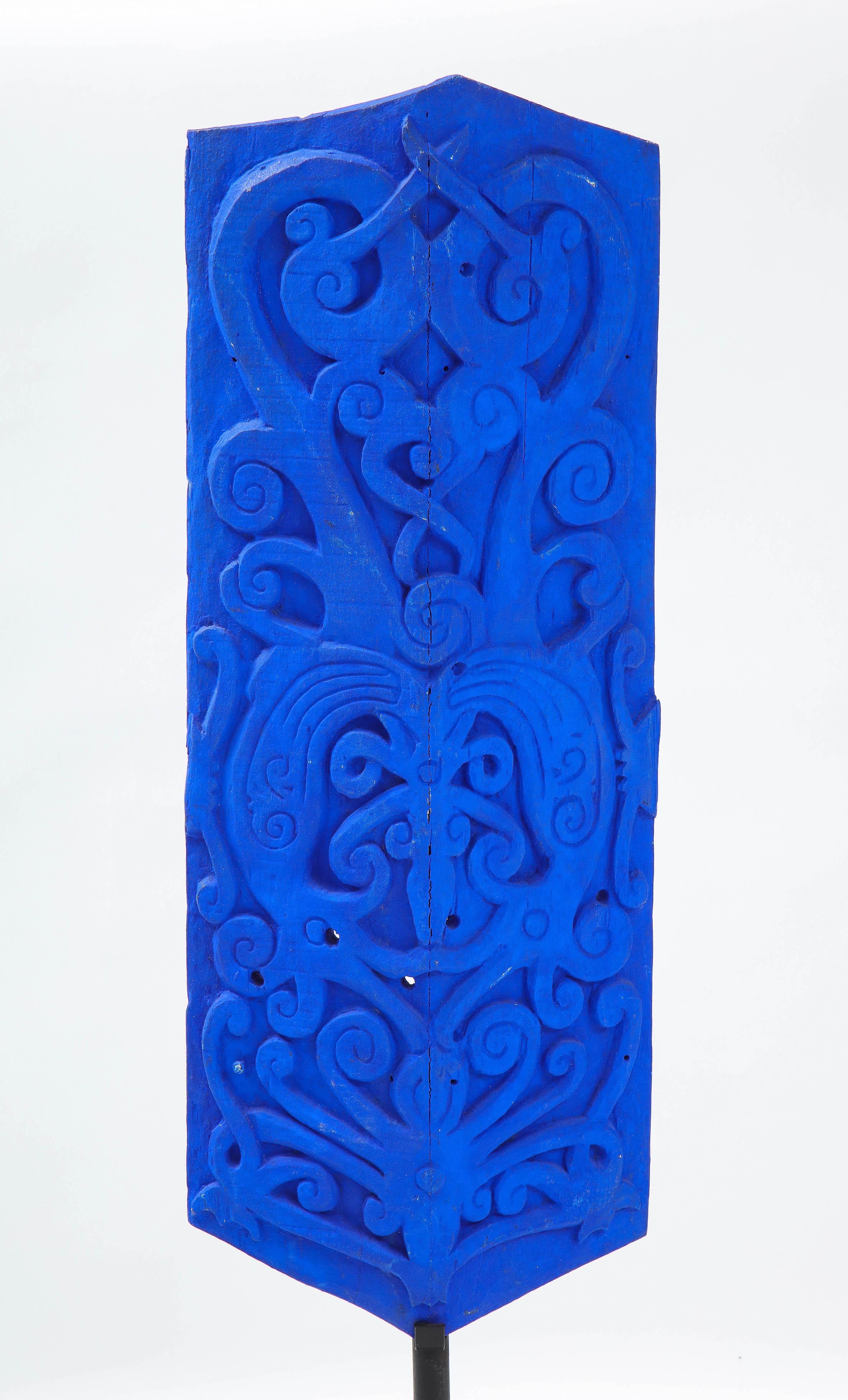 Klein blue painted Dayak sculpted shield on stand
shield without the base 33.5 inches.