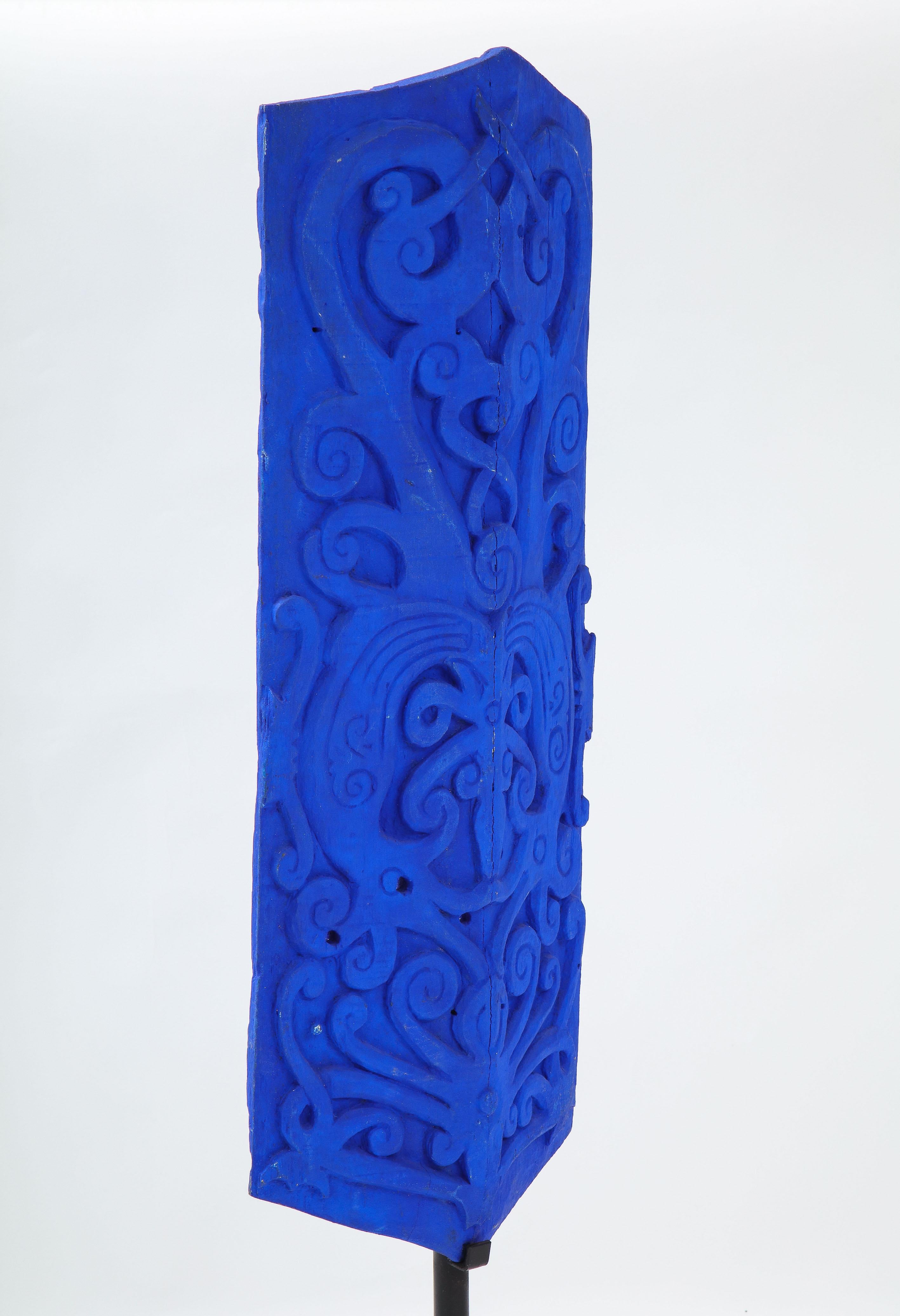 Late 20th Century Klein Blue Painted Dayak Tribe Sculpted Shield on Stand For Sale