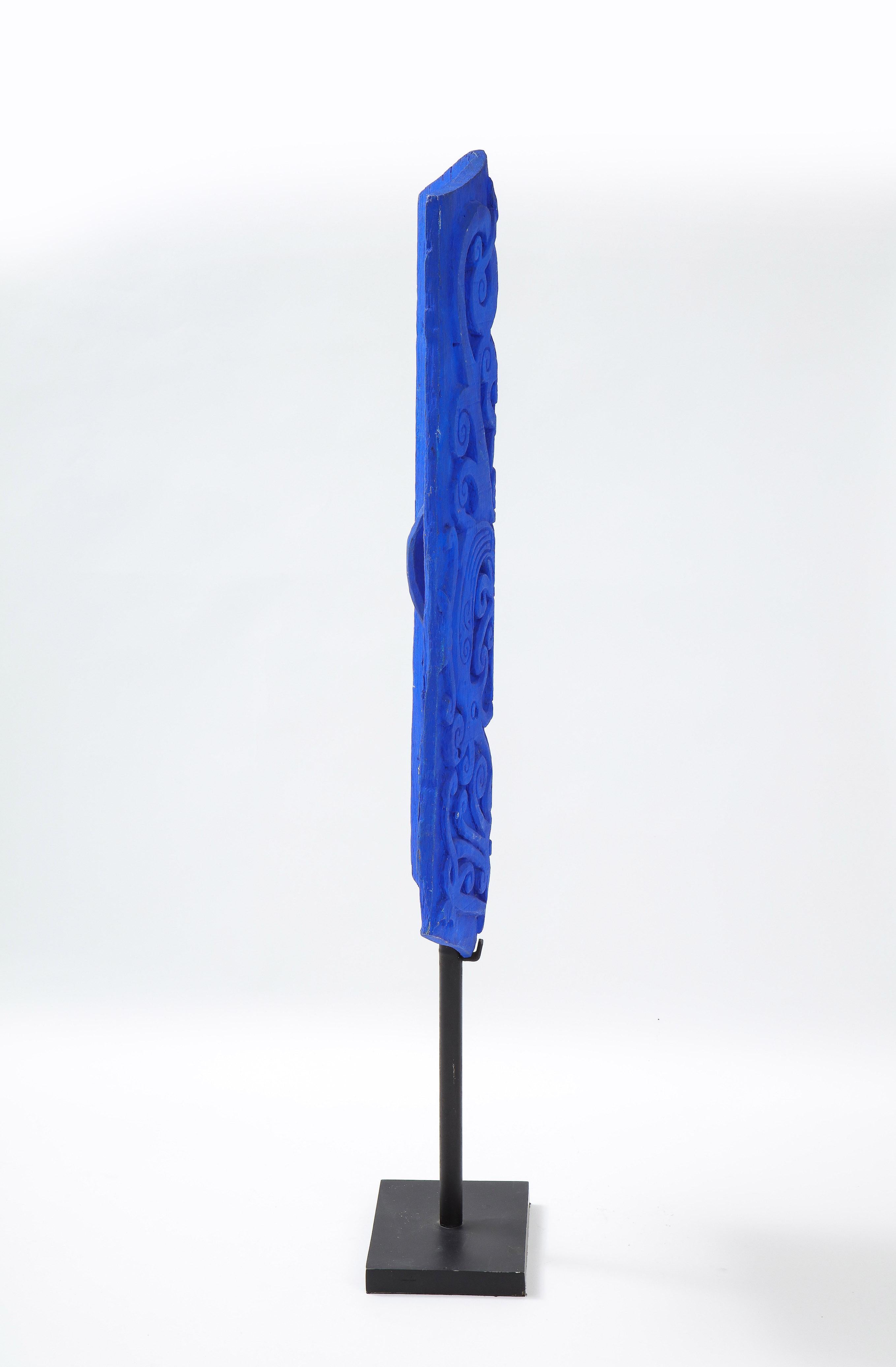 Wood Klein Blue Painted Dayak Tribe Sculpted Shield on Stand For Sale