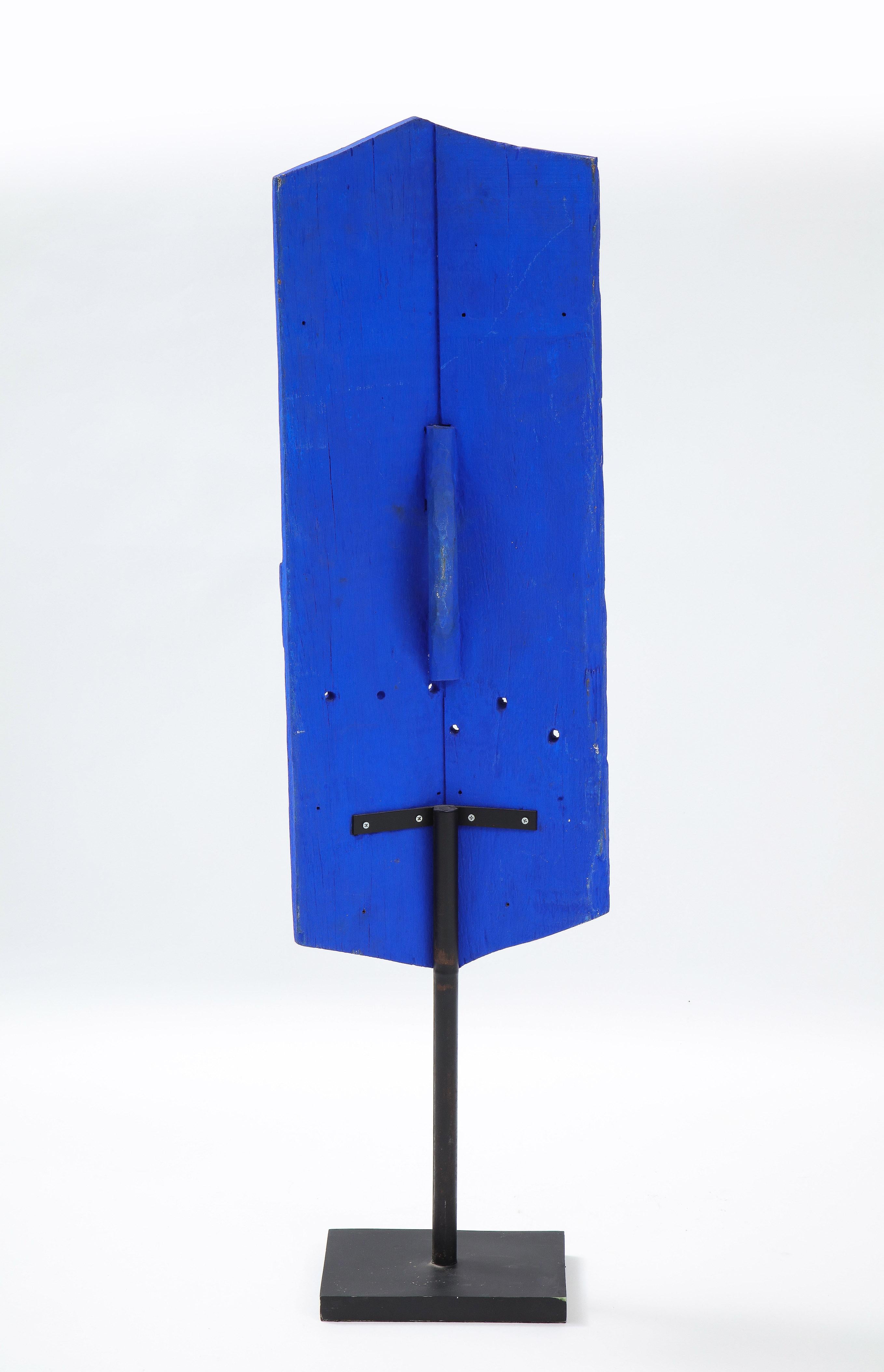 Klein Blue Painted Dayak Tribe Sculpted Shield on Stand For Sale 1