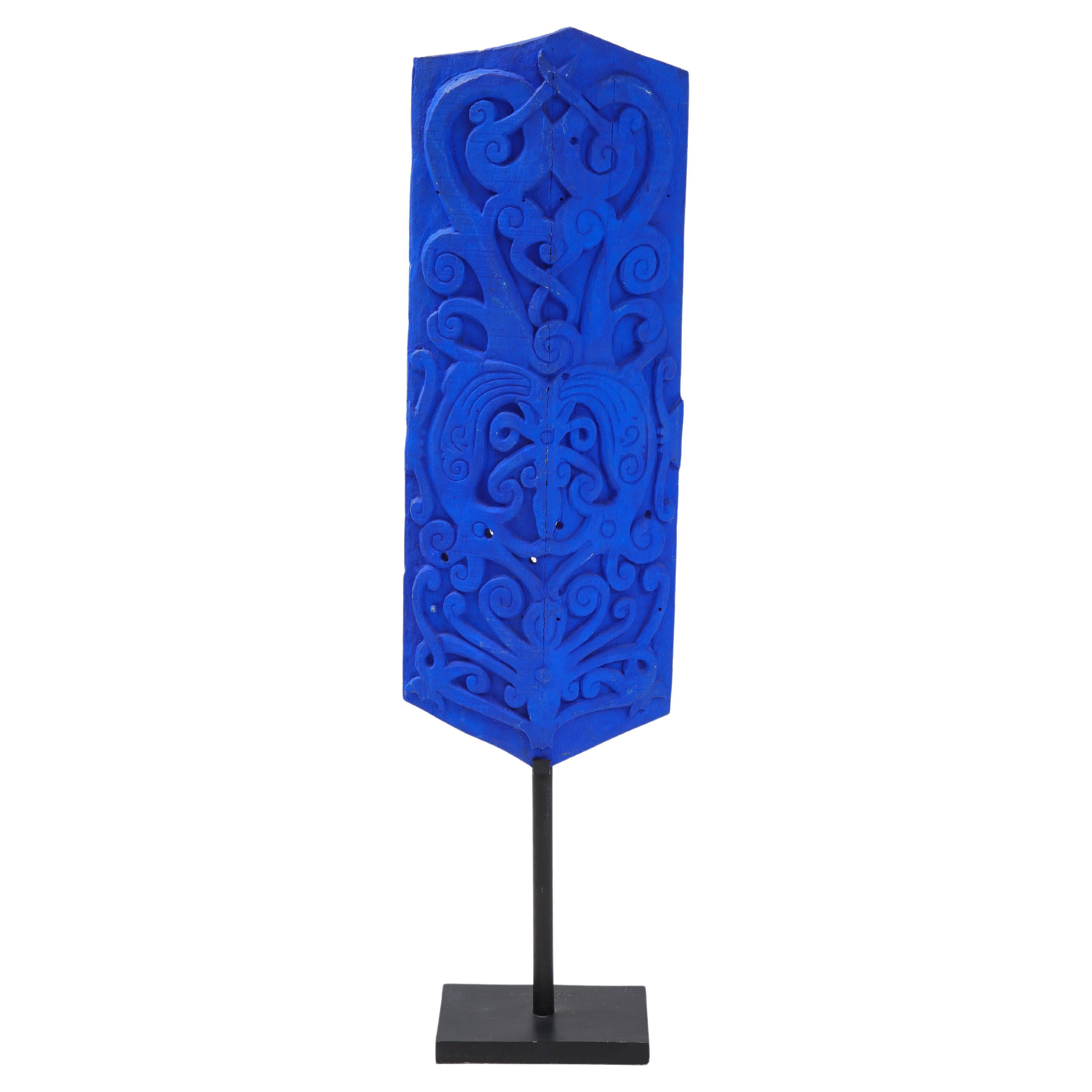 Klein Blue Painted Dayak Tribe Sculpted Shield on Stand