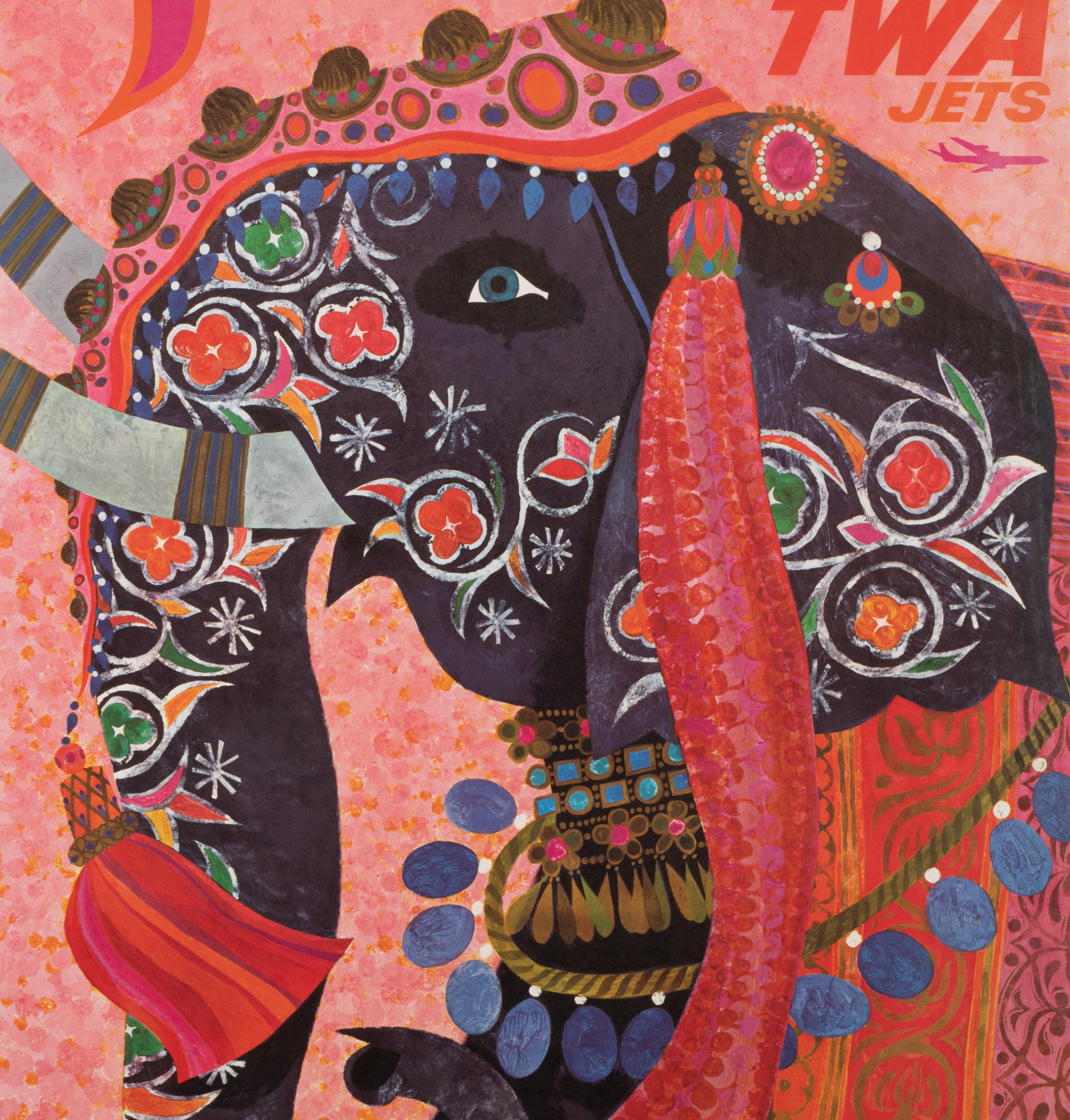 Mid-Century Modern Klein, affiche originale de la TWA, Inde, éléphant sacré, avion, tourisme aérien 1960 en vente