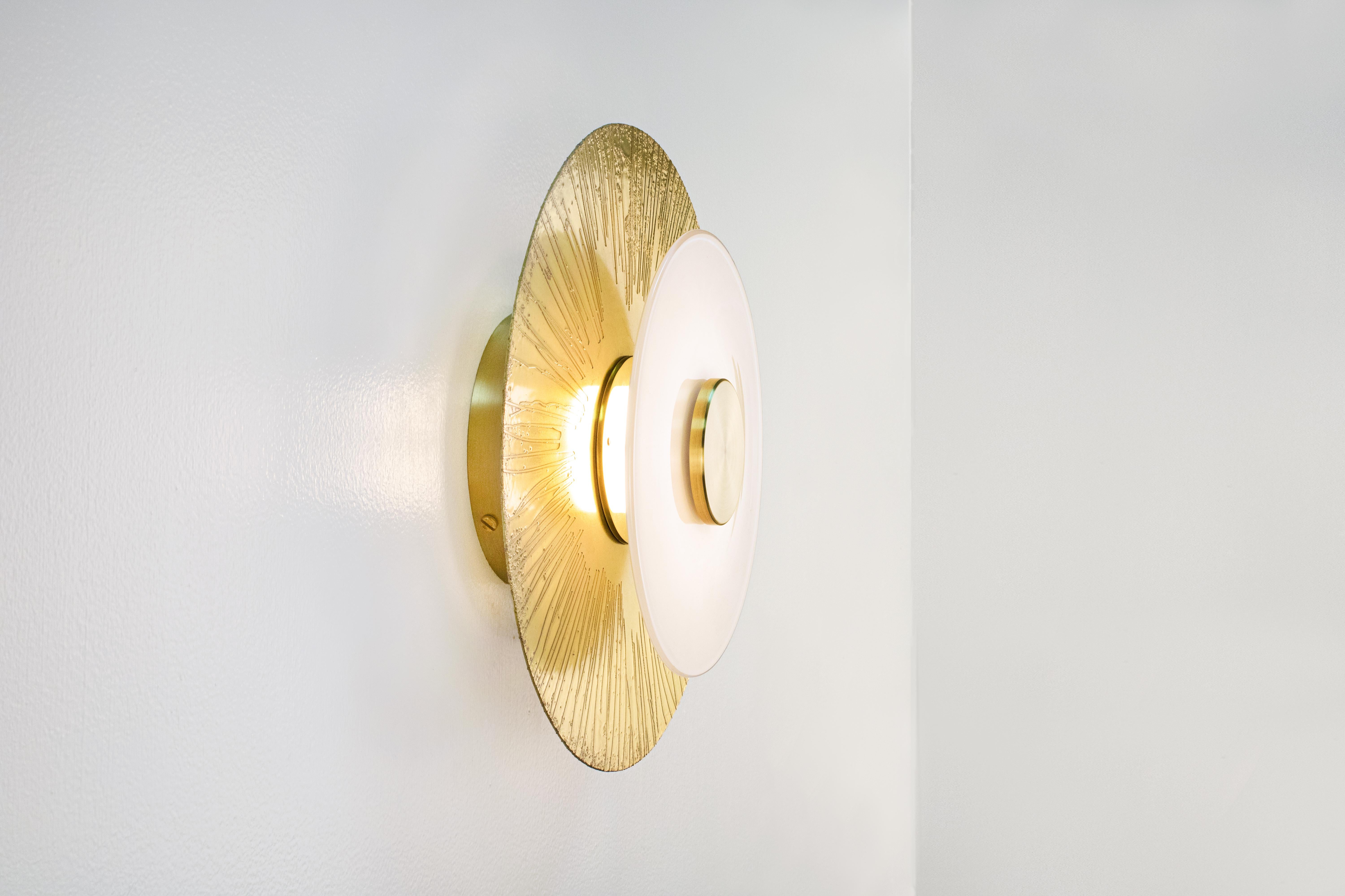 American Klein Sconce in Etched and Polished Brass with White Glass Rondelle For Sale