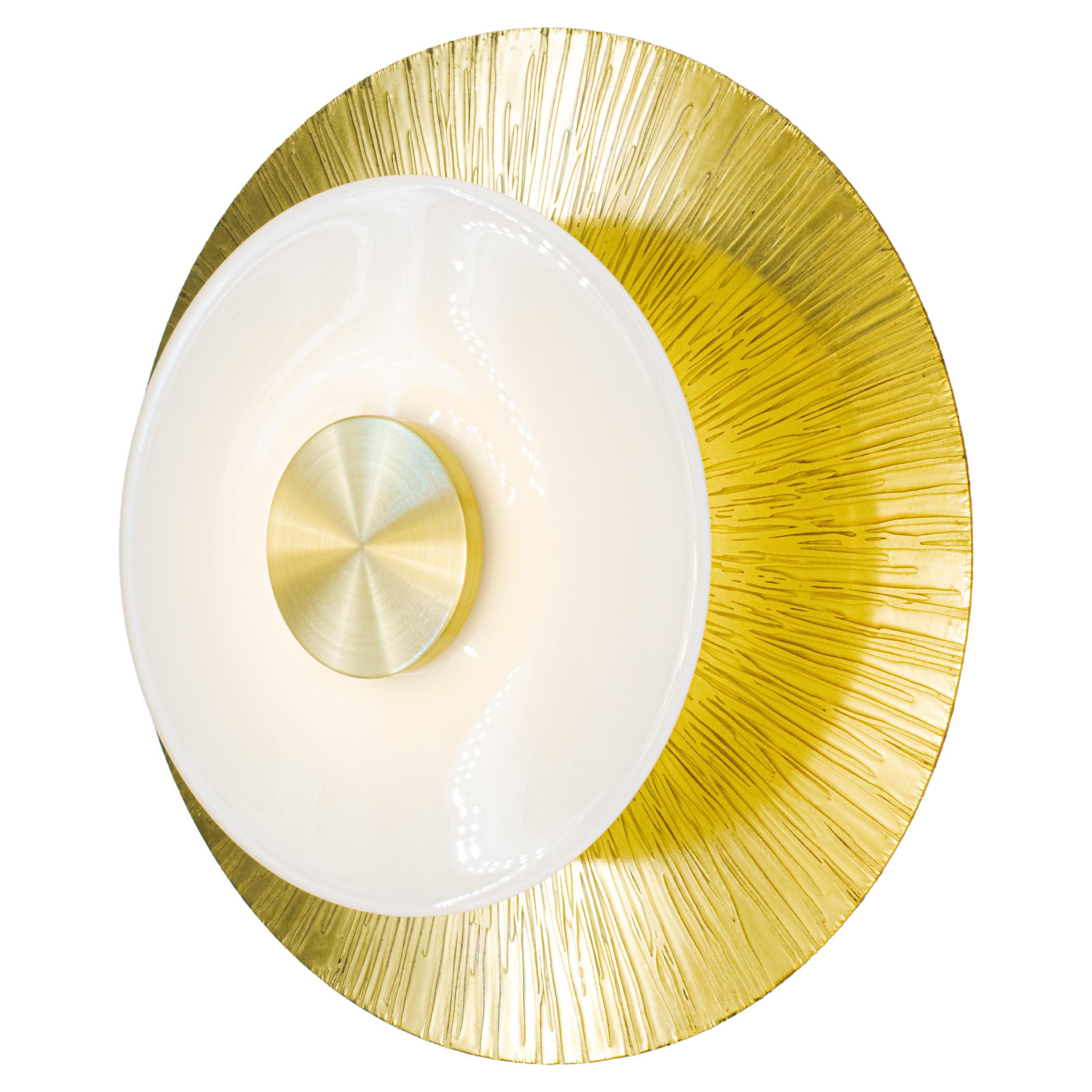 Klein Sconce in Etched and Polished Brass with White Glass Rondelle For Sale