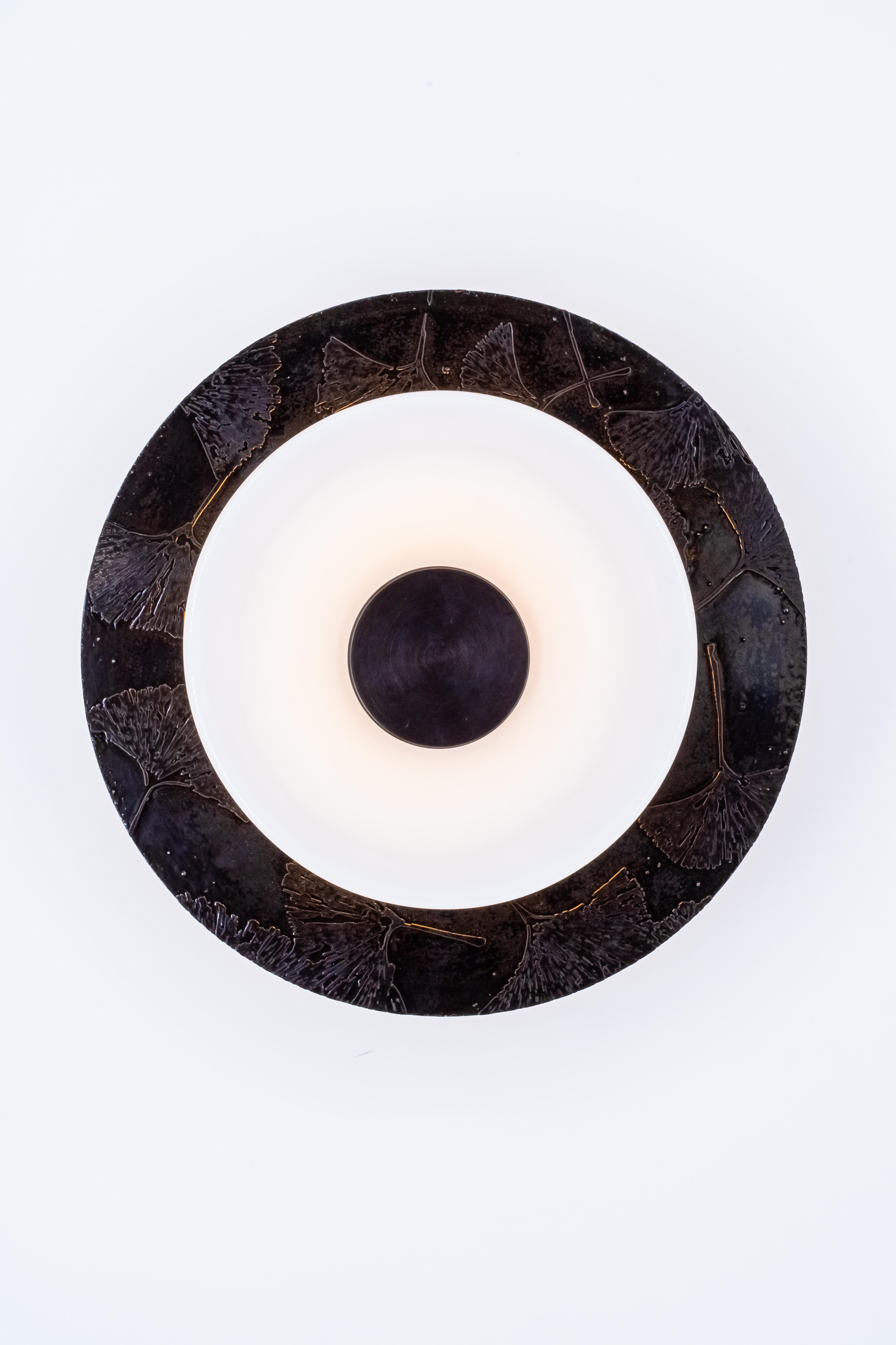 Other Klein Sconce in Ginkgo Etch and Blackened Brass with White Glass Rondelle For Sale
