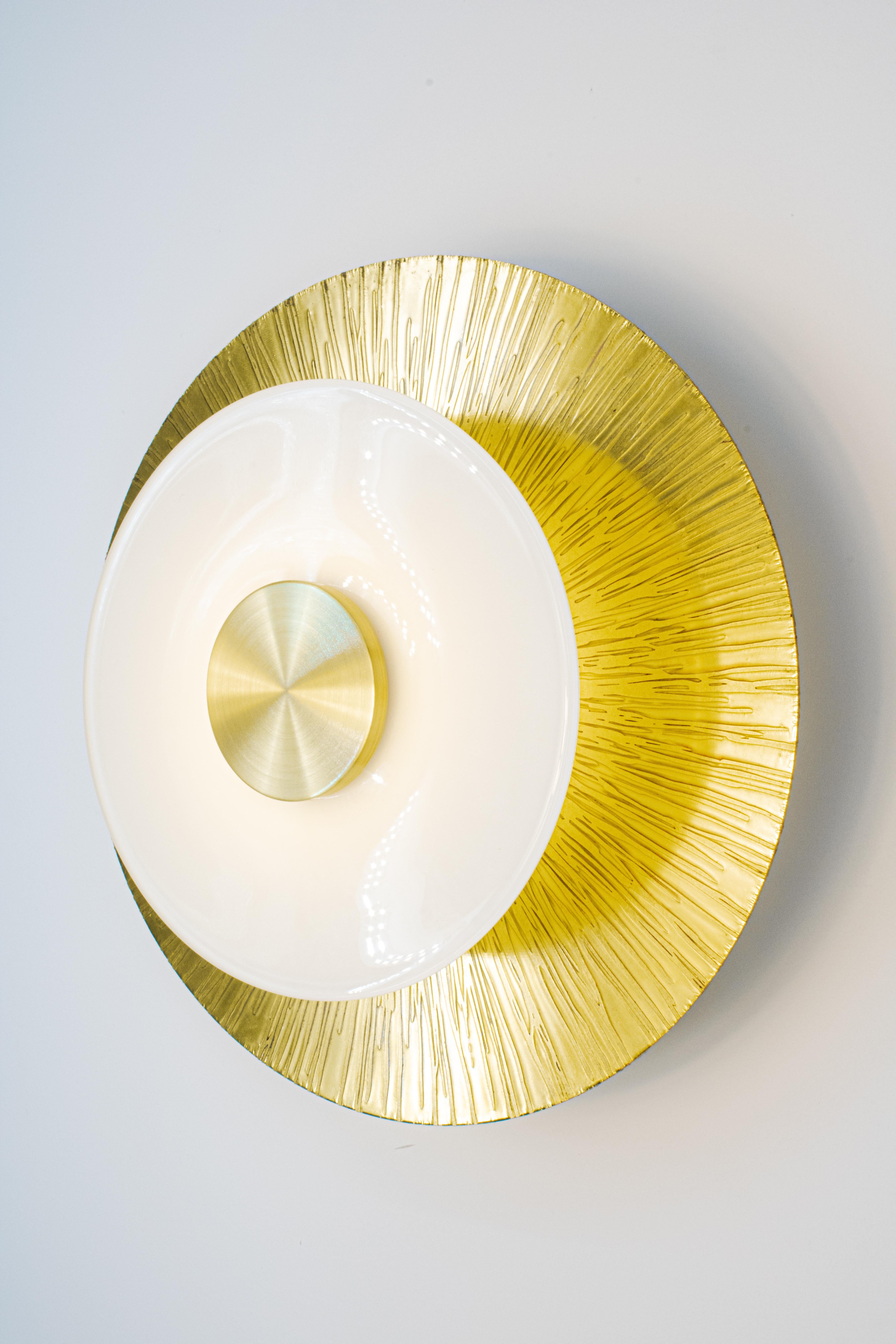 Klein Sconce in Ginkgo Etch and Blackened Brass with White Glass Rondelle In New Condition For Sale In Brooklyn, NY