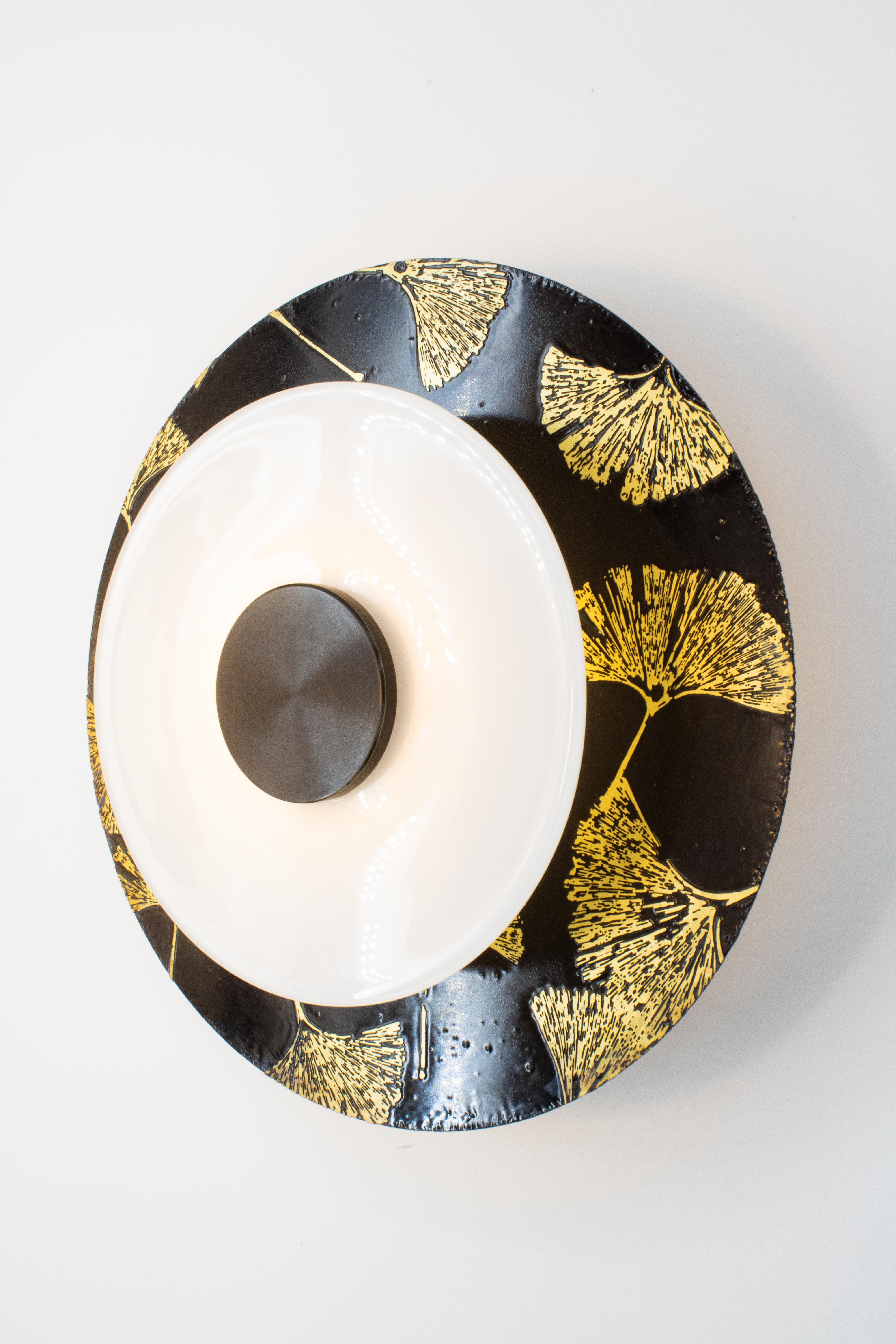 Contemporary Klein Sconce in Ginkgo Etch and Blackened Brass with White Glass Rondelle For Sale