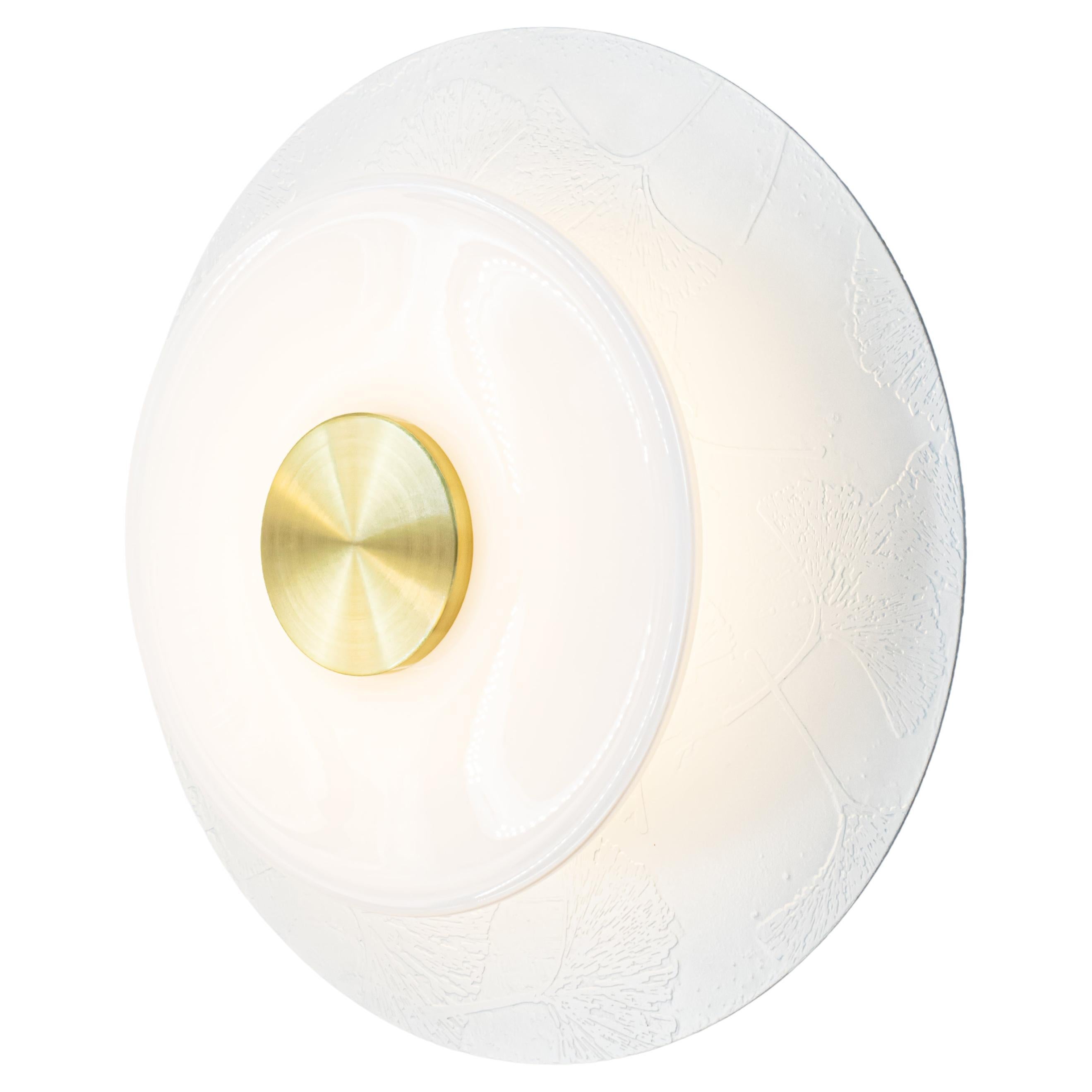 Klein Sconce in Ginkgo Etch in Matte White with White Glass Rondelle For Sale
