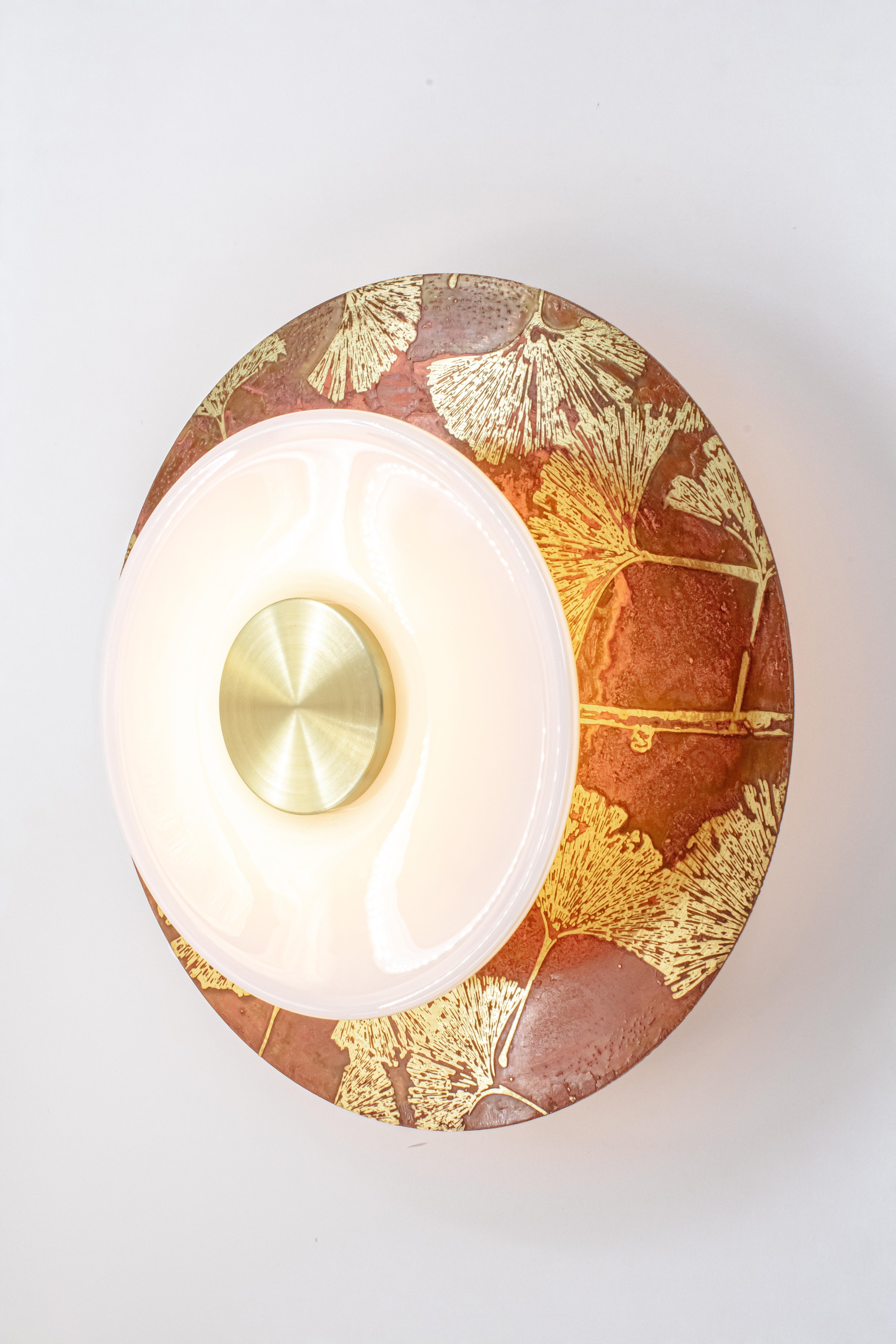 Contemporary Klein Sconce in Ginkgo Etch in Two Tone Brass Finish with White Glass Rondelle For Sale