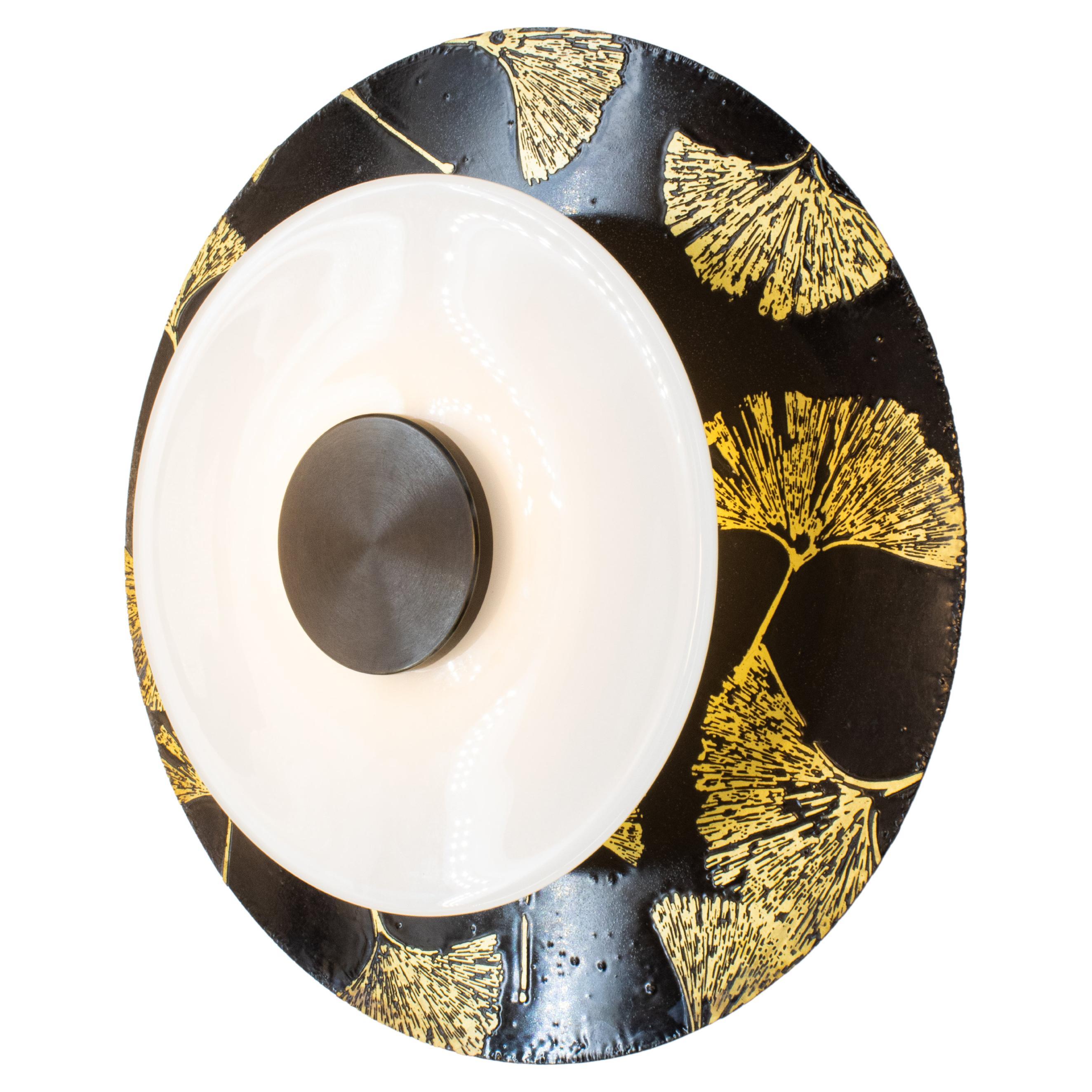 Klein Sconce in Ginkgo Etch in Two Tone Brass Finish with White Glass Rondelle For Sale