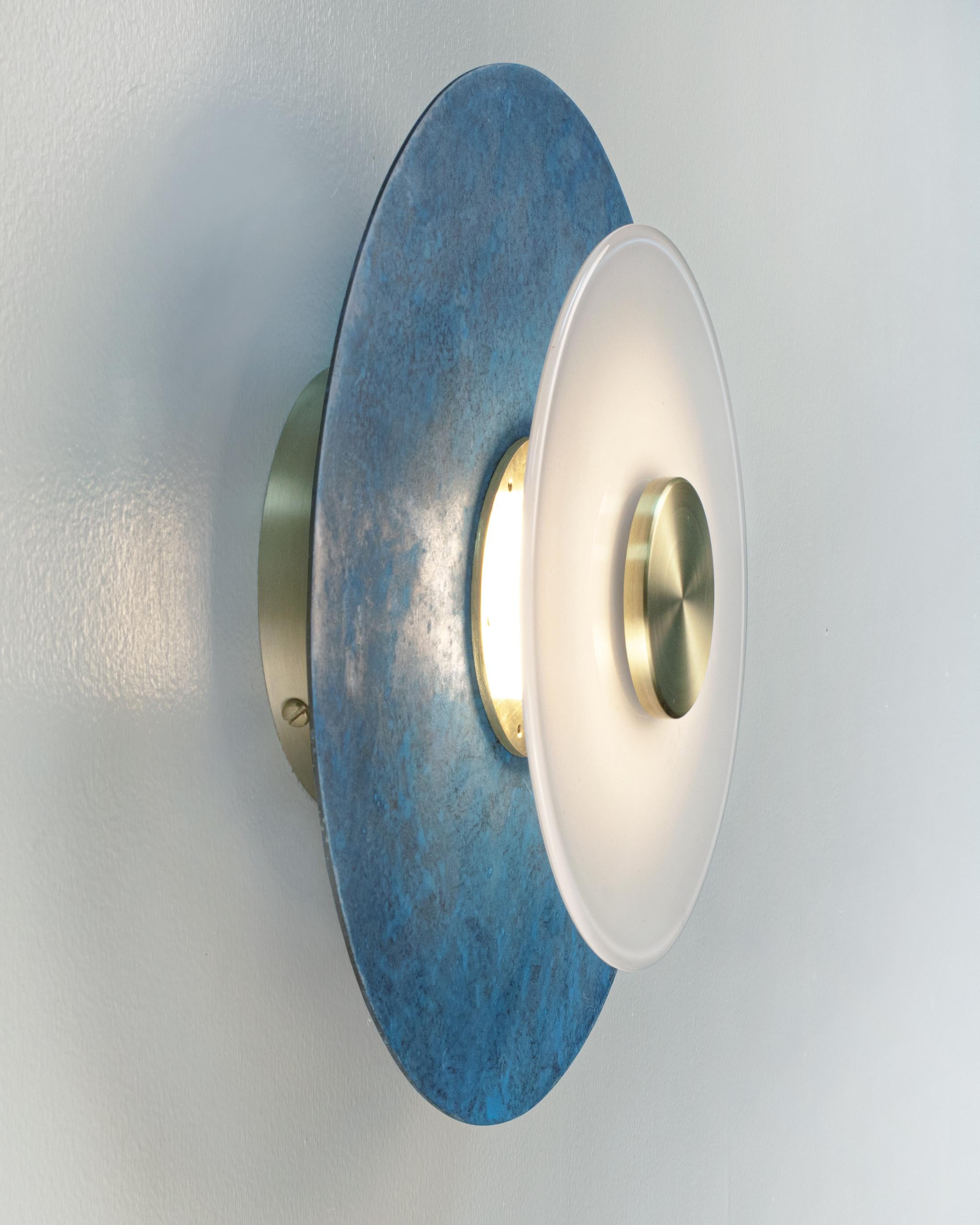 Other Klein Sconce in Prussian Blue with Satin Brass and White Glass Rondelle For Sale