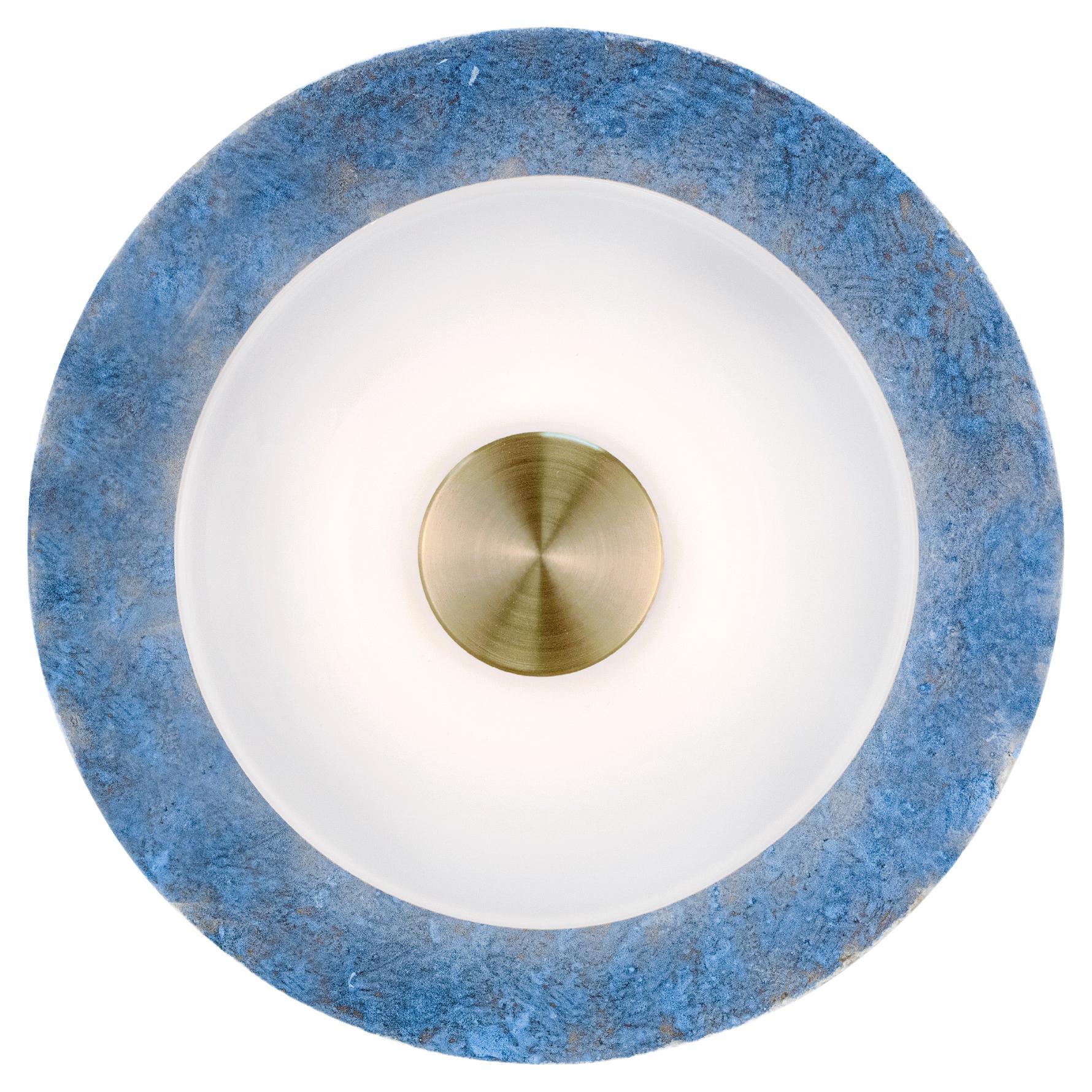 Klein Sconce in Prussian Blue with Satin Brass and White Glass Rondelle For Sale