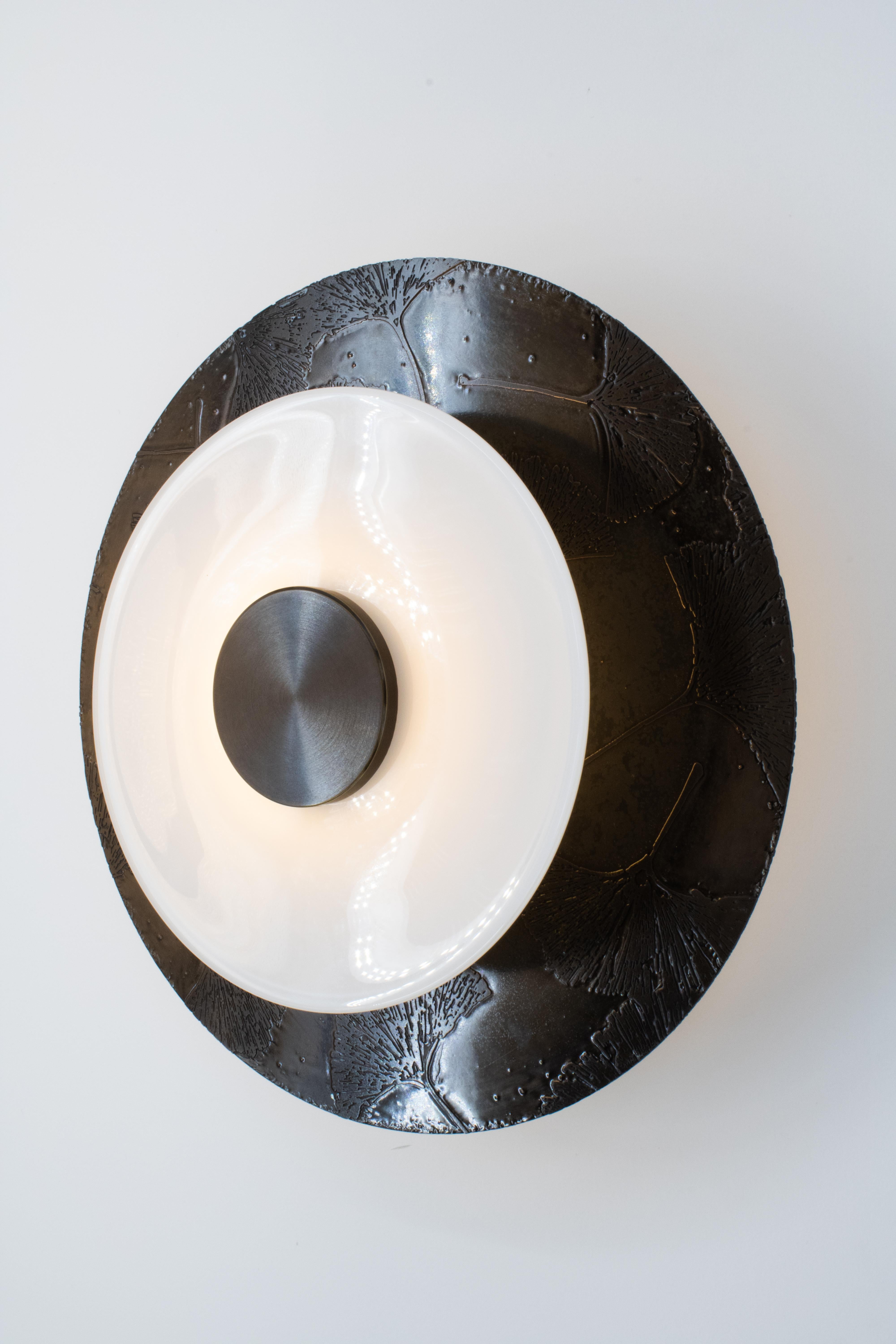 Hand-Crafted Klein Sconce in White Powder-coat with Satin Brass and White Glass Rondelle For Sale