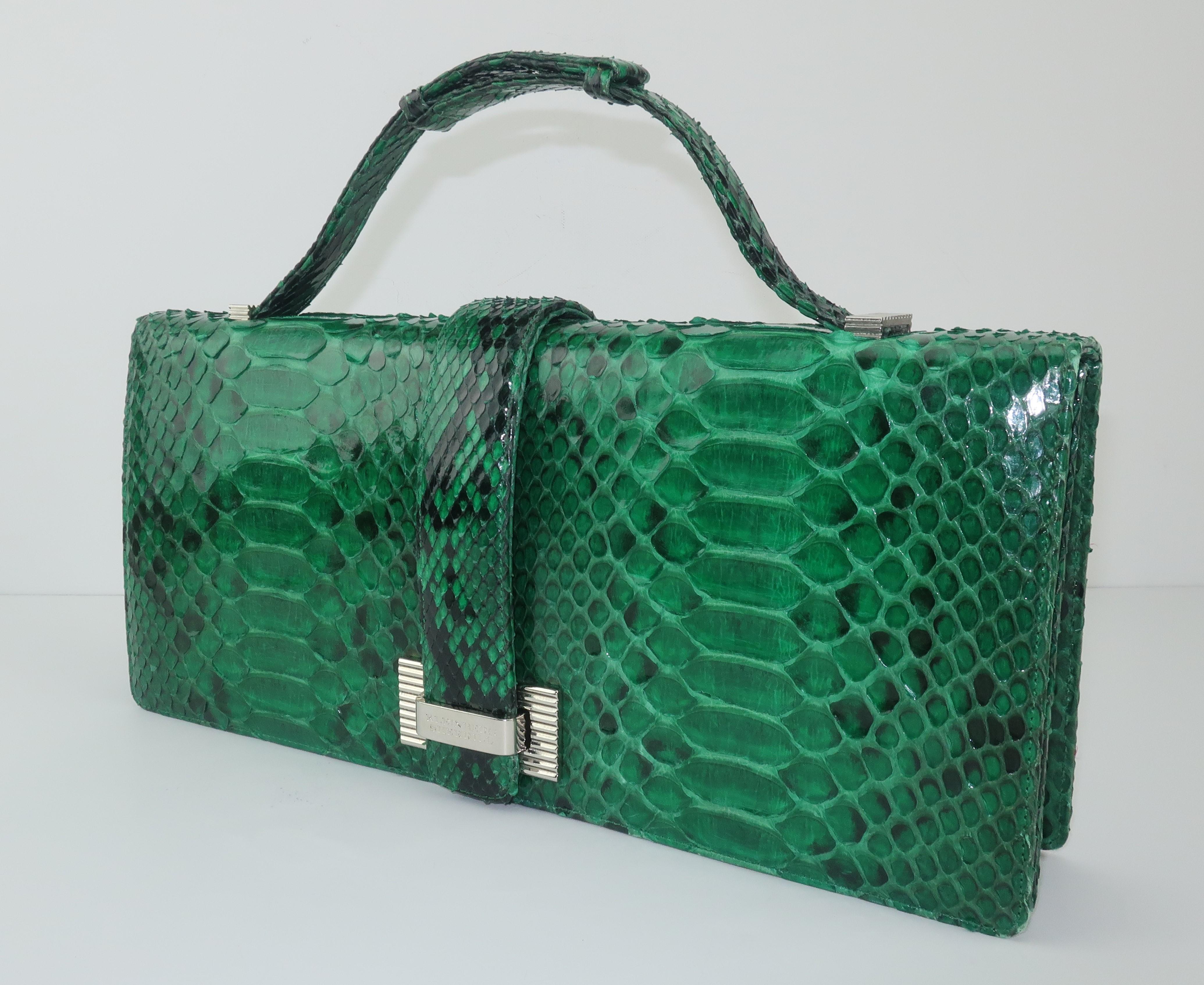 Everyone will be green with envy when they catch a glance of this sizable Kleinberg Sherrill emerald green convertible clutch handbag.  Kleinberg Sherrill (now doing business as W. Kleinberg) have been specialists in luxury goods fabricated from