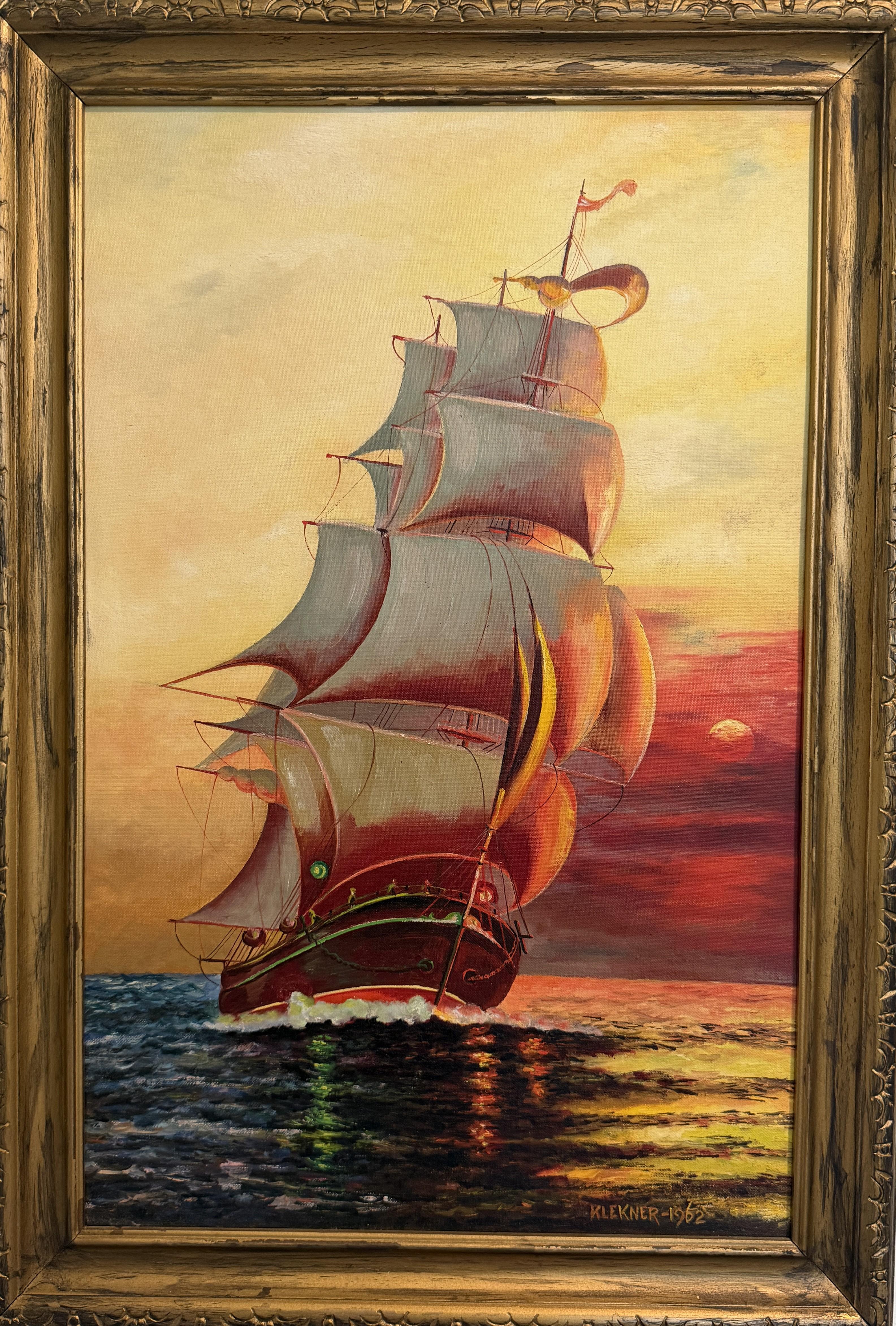 This original mid-century oil painting depicts a majestic tall sailing ship cutting through calm waters at sunset, its full sails illuminated by warm hues of gold, crimson, and soft violet. The composition captures a quiet yet powerful maritime