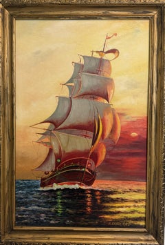 Original Vintage Oil Painting by Klekner (1962) – Tall Ship at Sunset, Seascape