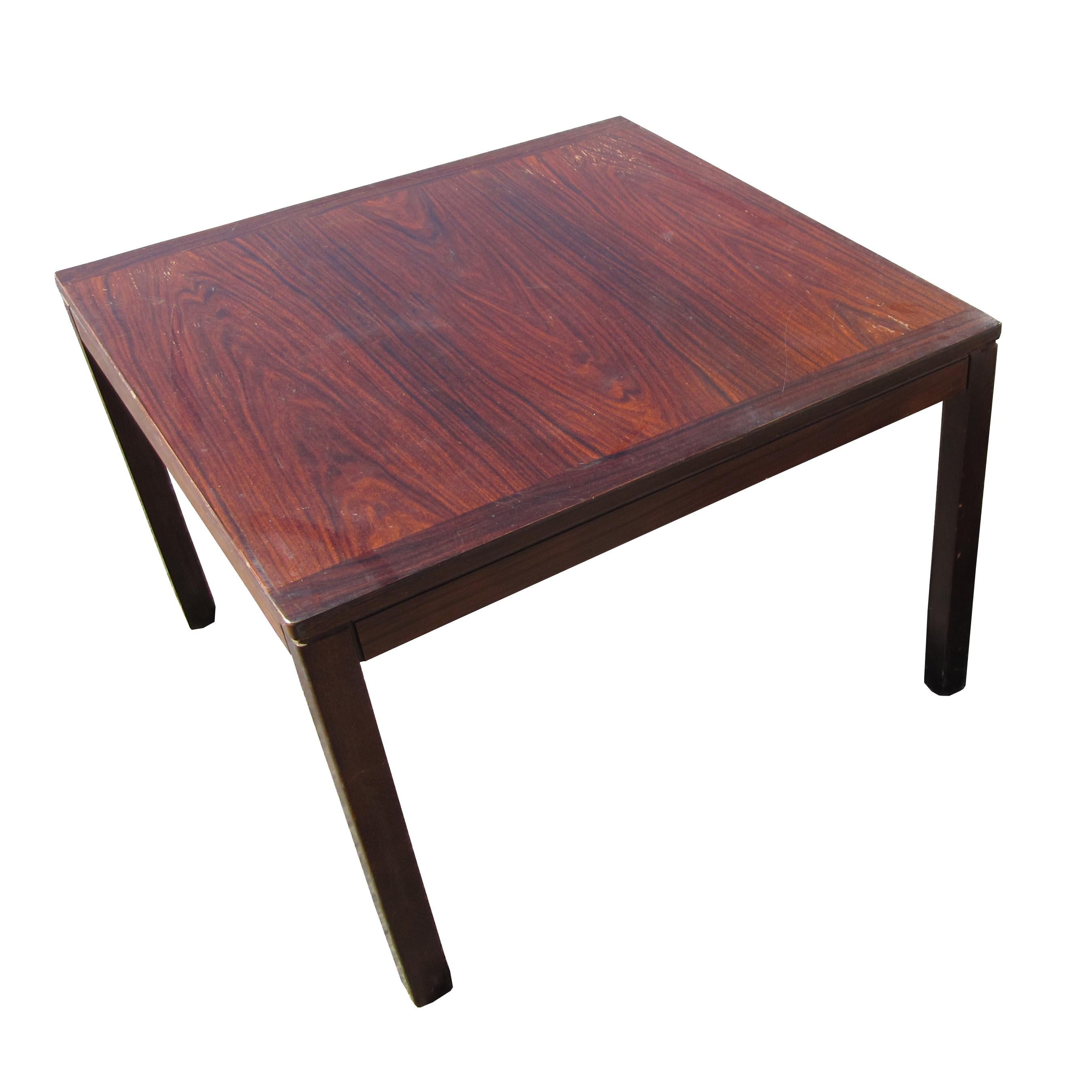 Two vintage, rosewood side tables. One table is square and the other is rectangular. Sturdy and reliable, with quality design and craftsmanship. Beautiful, dark finish; distinctive slotted vertices between legs and table top.
Dimensions of smaller