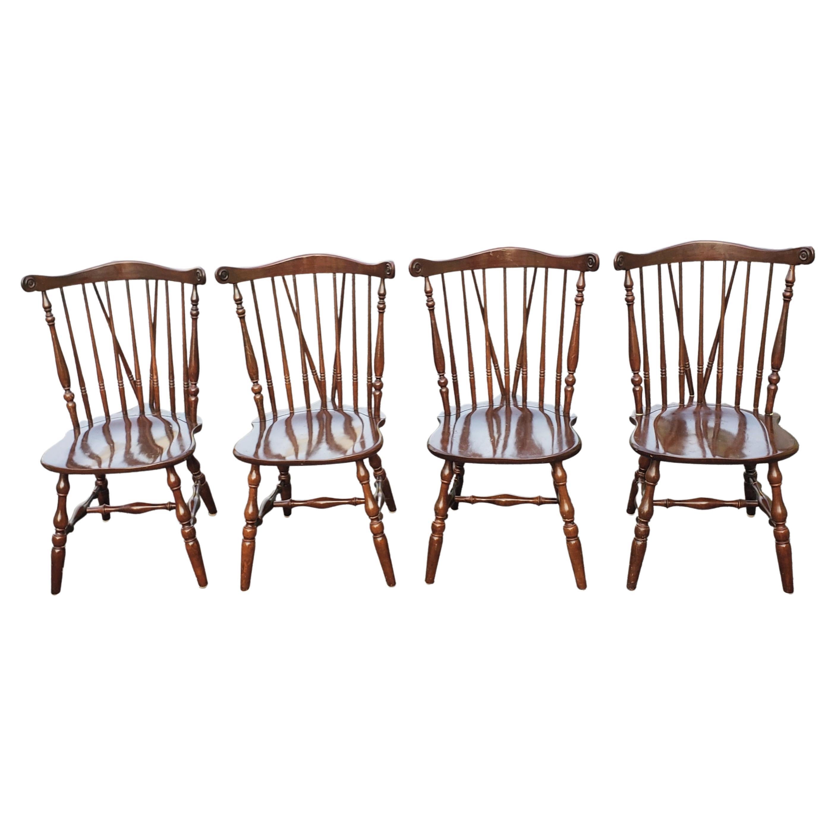 Beautiful set of 4 Kling Furniture Solid Cherry Fiddleback brace back windsor chairs, C. 1940s. 
Measure 22