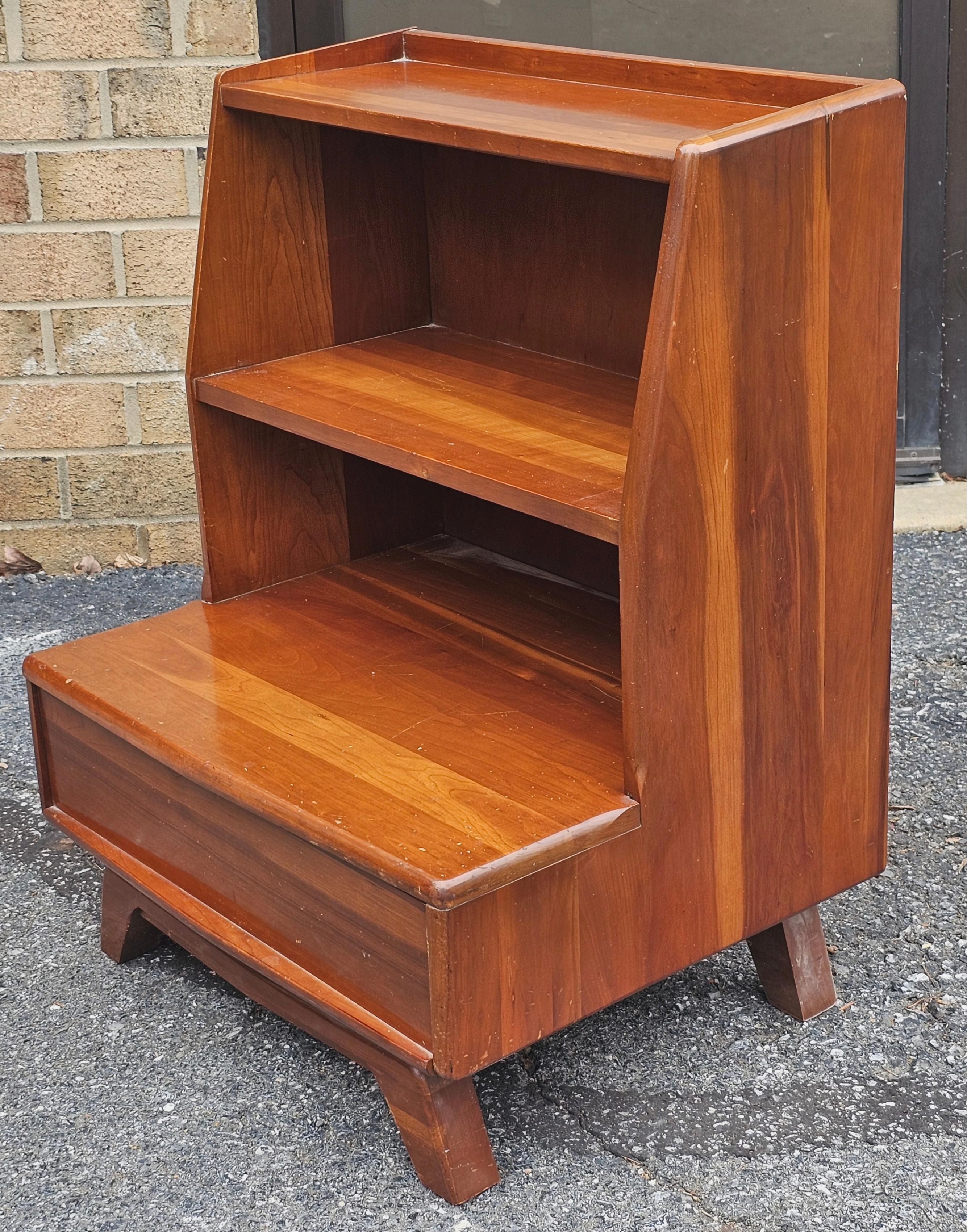 Stained Kling Furniture Mid Century Solid Cherry Tiered Bedside Table Nightstand For Sale