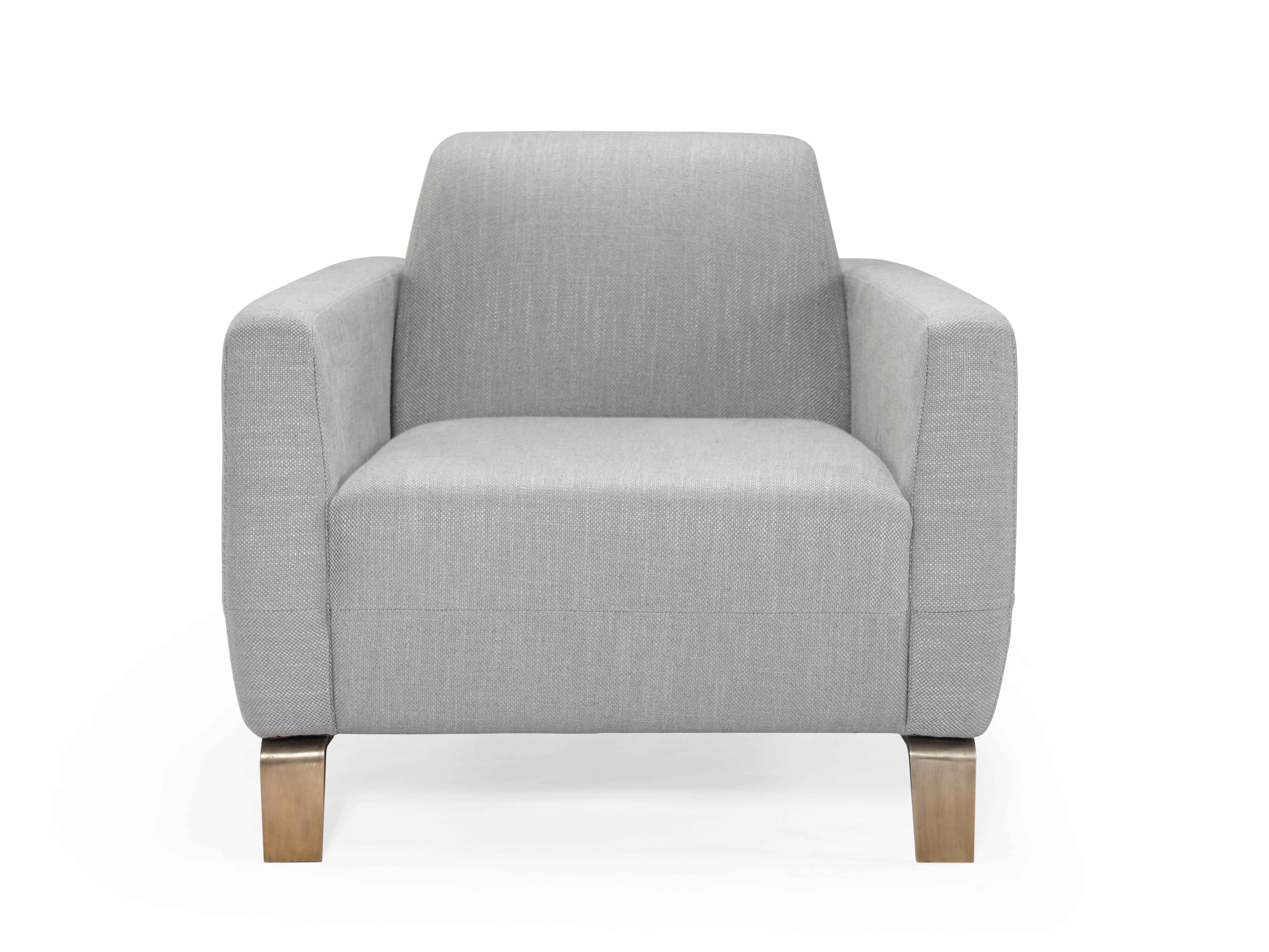 Modern Klippen Lounge Armchair in Romo Fabric with Light Bronze Patina Base For Sale