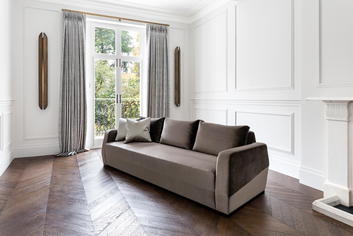 Modern Klippen Sofa in Holly Hunt Dark Taupe Velvet with Espresso Brown Oak Feet For Sale