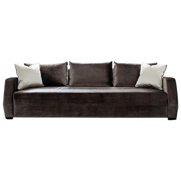 Klippen Sofa in Holly Hunt Dark Taupe Velvet with Espresso Brown Oak Feet For Sale