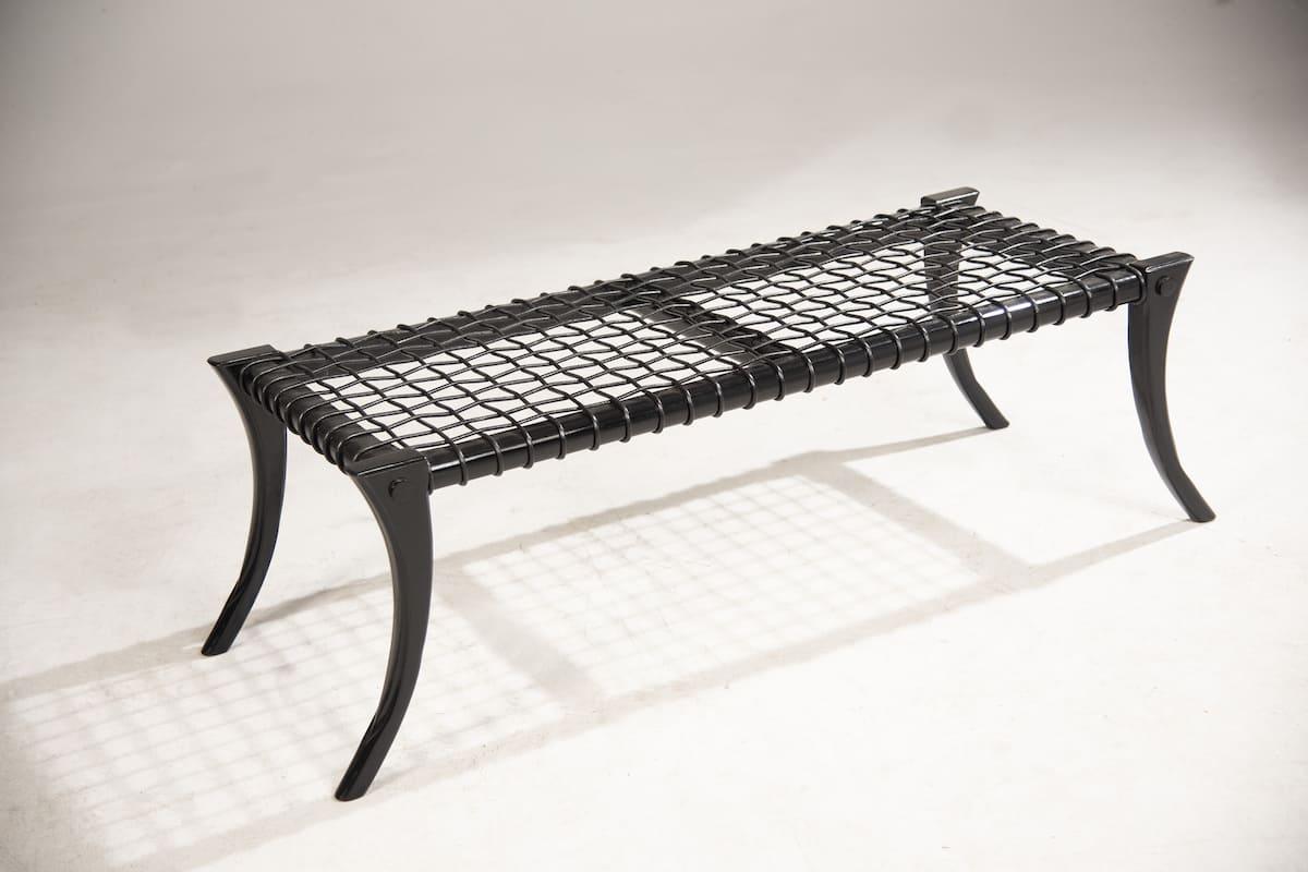 Klismos walnut black woven leather Bench, Customizable Upholstery and Wood.
Other colors and upholstery are available. Italian artisanal production by Pescetta Home Decoration.

Black ebonized wood bench made in Italy. It is realized according to