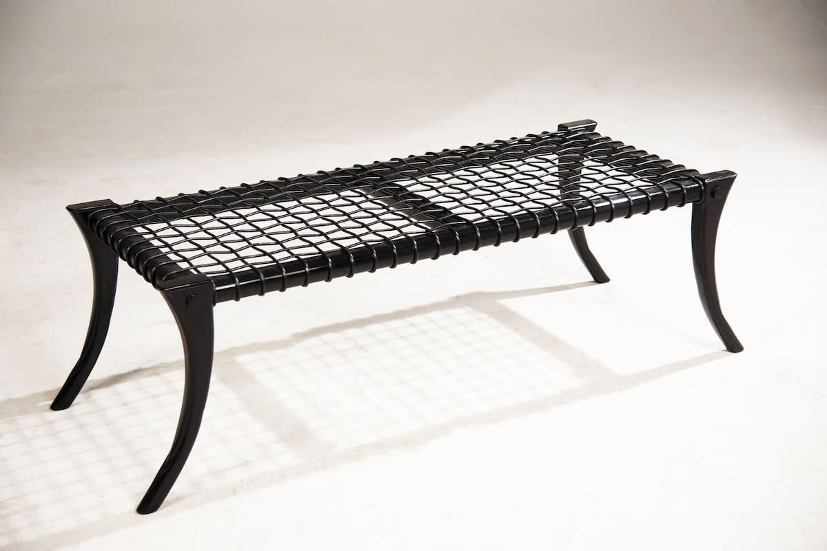 Greek Revival KLISMOS BENCH in Black Wood With Woven Leather  For Sale