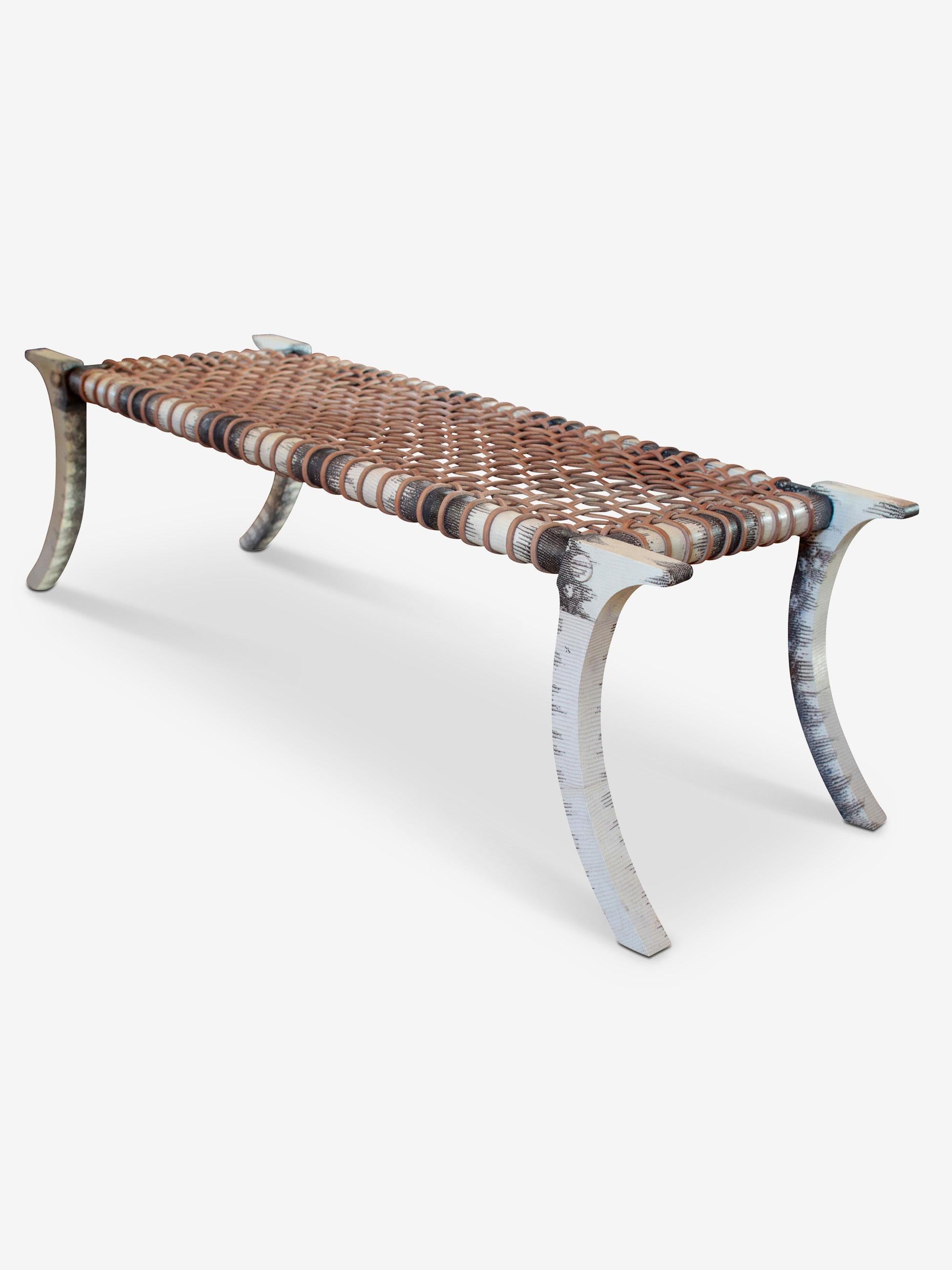 Stunning Klismos bench inspired by Robsjohn-Gibbings in lizard skin and natural calf leather straps.